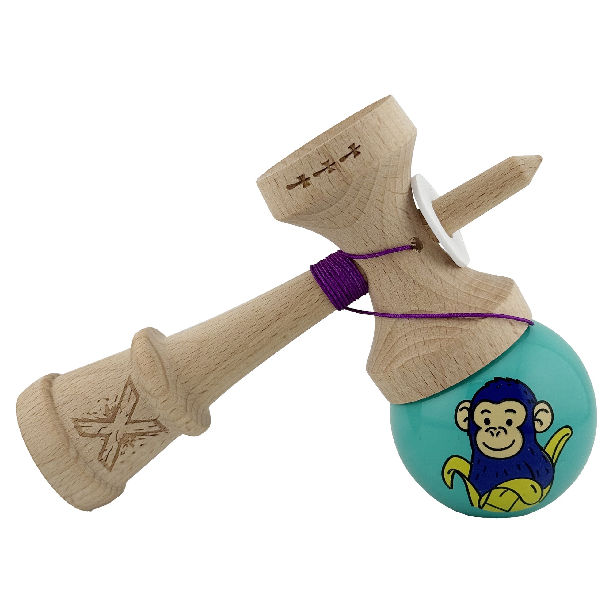 Kendama X Originala, Profesionala, Flippy, Blue Monkey, Super Sticky cu Cupe Mari King Size V3, Rulment Metalic si Gaura in Baza, din Lemn 18 cm, Ata 62/65 cm, Turcoaz