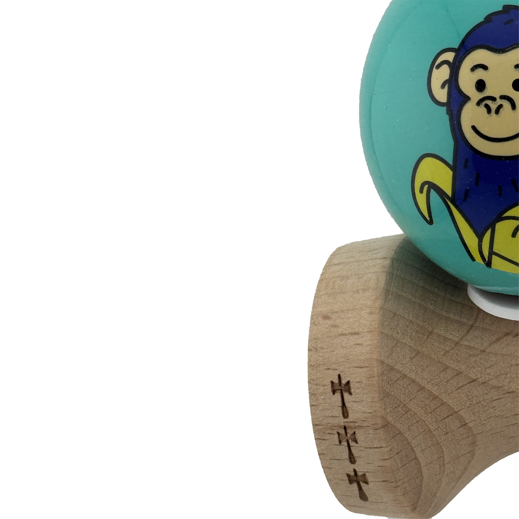 Kendama X Originala, Profesionala, Flippy, Blue Monkey, Super Sticky cu Cupe Mari King Size V3, Rulment Metalic si Gaura in Baza, din Lemn 18 cm, Ata 62/65 cm, Turcoaz
