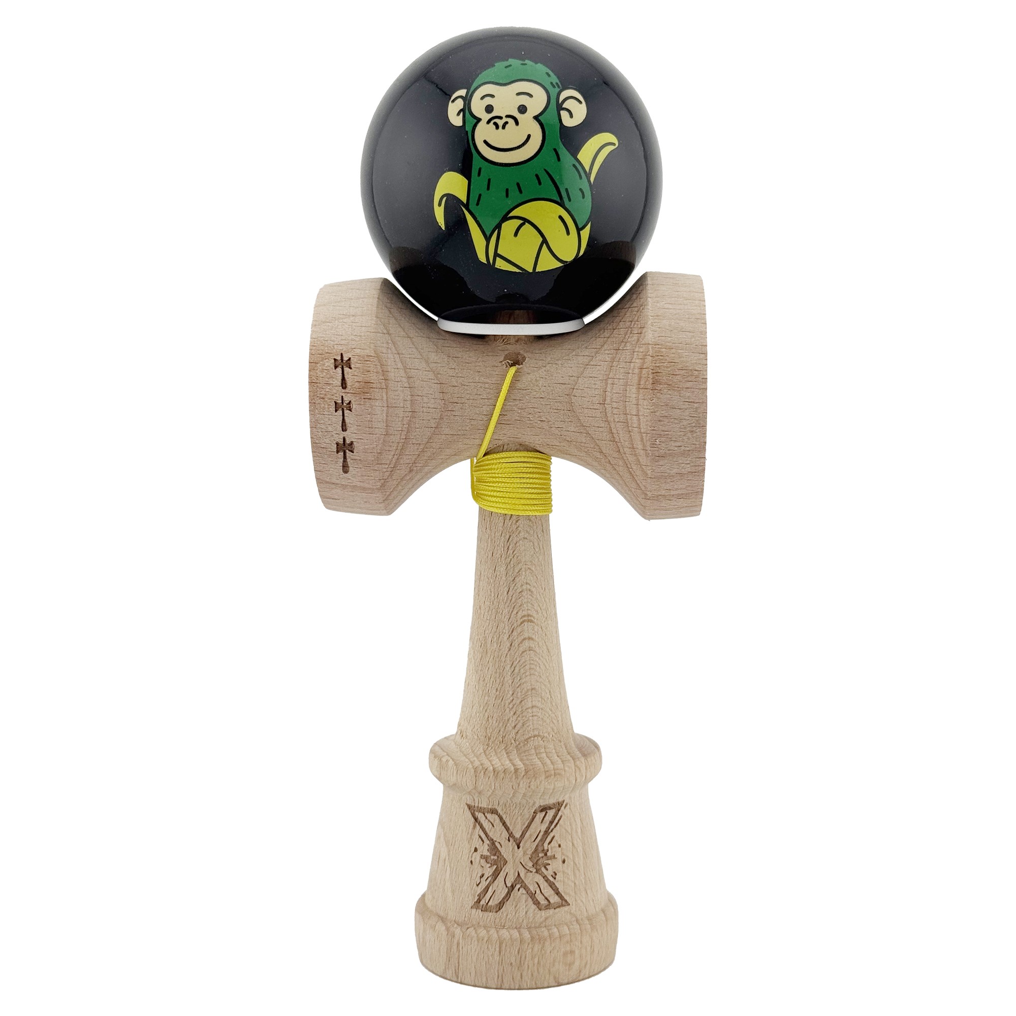 Kendama X Originala, Profesionala, Flippy, Green Monkey, Super Sticky cu Cupe Mari King Size V3, Rulment Metalic si Gaura in Baza, din Lemn 18 cm, Ata 62/65 cm, Negru