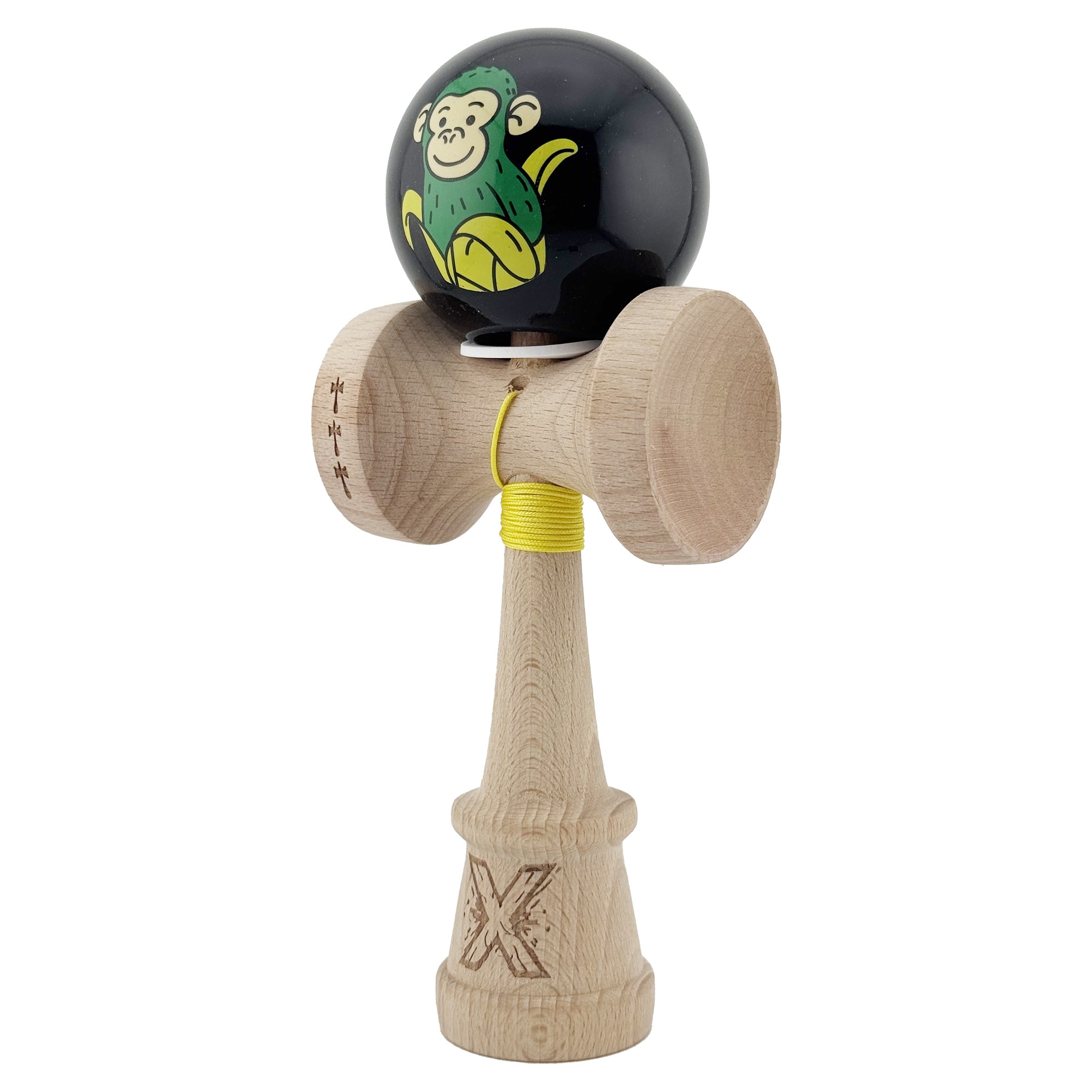 Kendama X Originala, Profesionala, Flippy, Green Monkey, Super Sticky cu Cupe Mari King Size V3, Rulment Metalic si Gaura in Baza, din Lemn 18 cm, Ata 62/65 cm, Negru