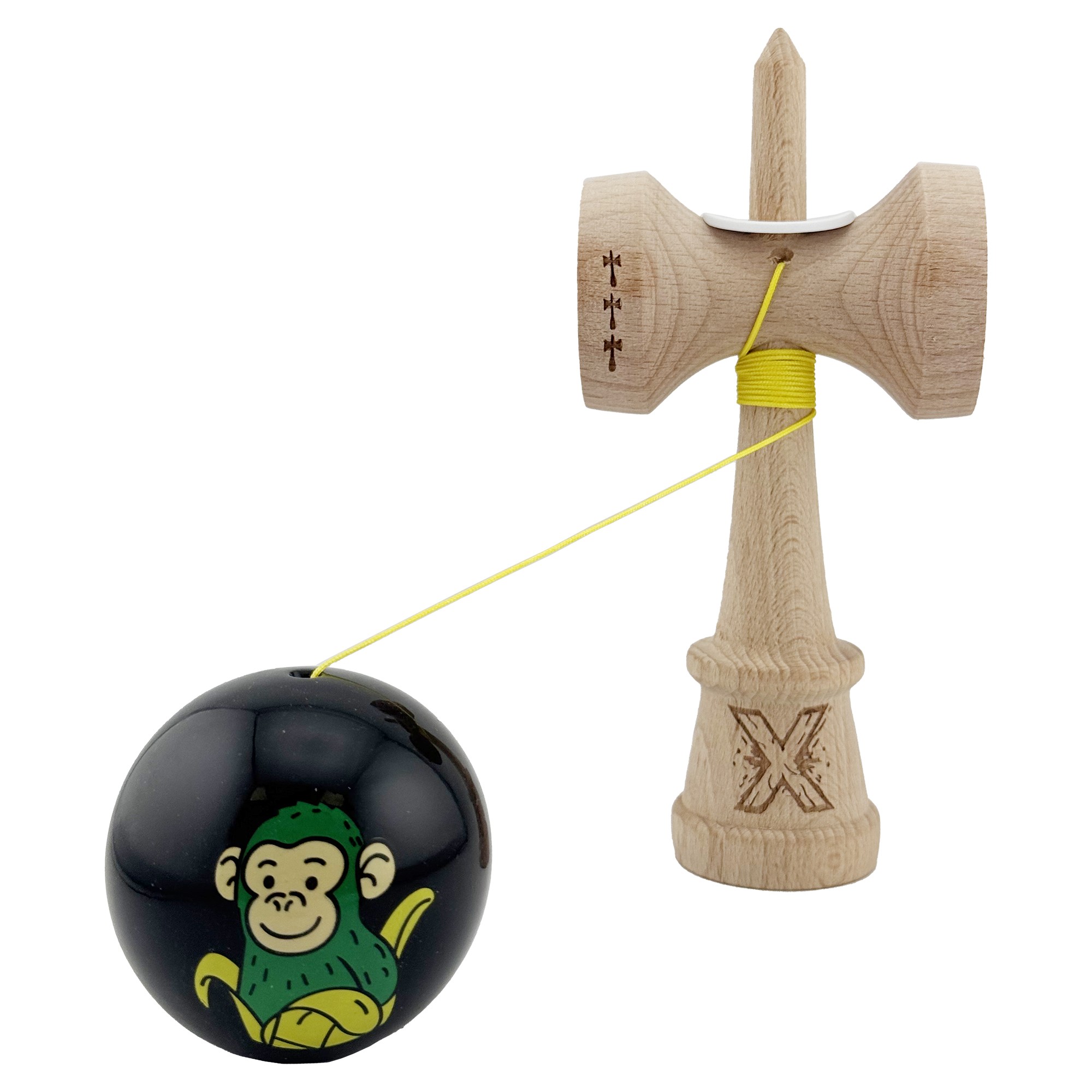 Kendama X Originala, Profesionala, Flippy, Green Monkey, Super Sticky cu Cupe Mari King Size V3, Rulment Metalic si Gaura in Baza, din Lemn 18 cm, Ata 62/65 cm, Negru