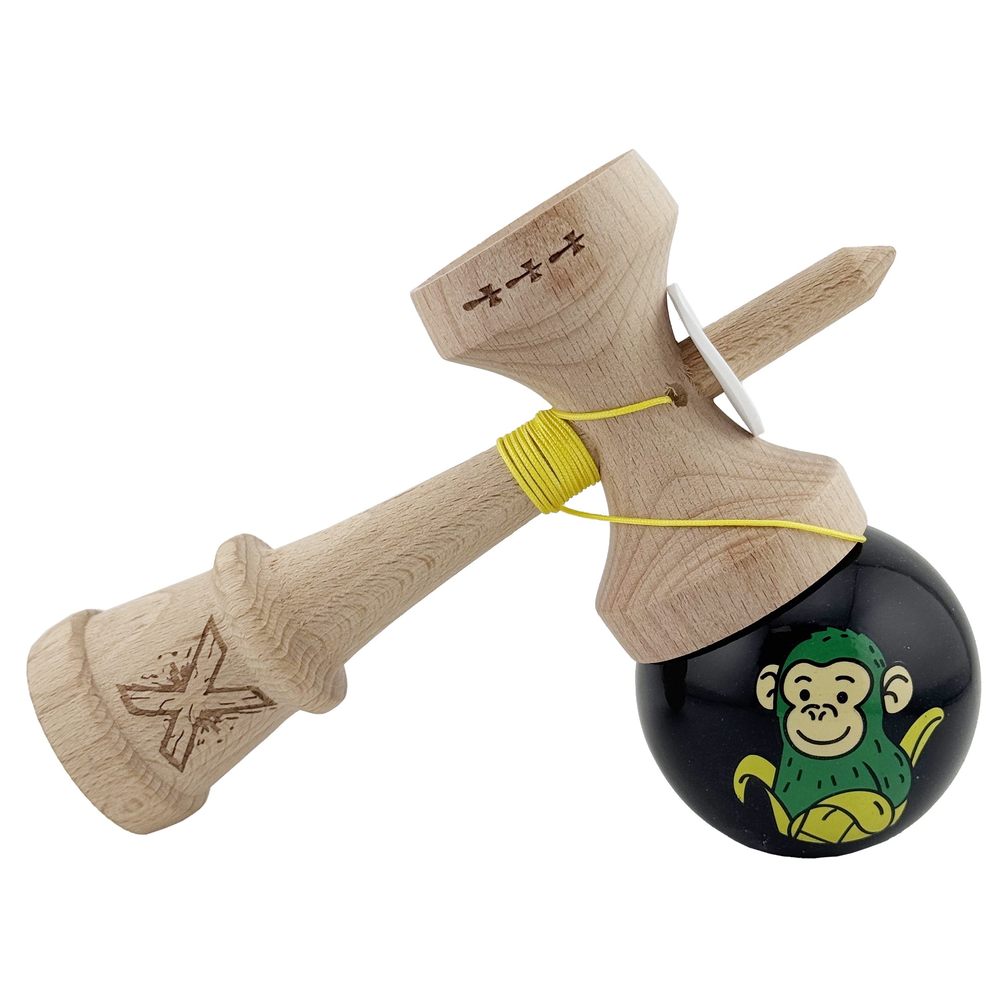 Kendama X Originala, Profesionala, Flippy, Green Monkey, Super Sticky cu Cupe Mari King Size V3, Rulment Metalic si Gaura in Baza, din Lemn 18 cm, Ata 62/65 cm, Negru