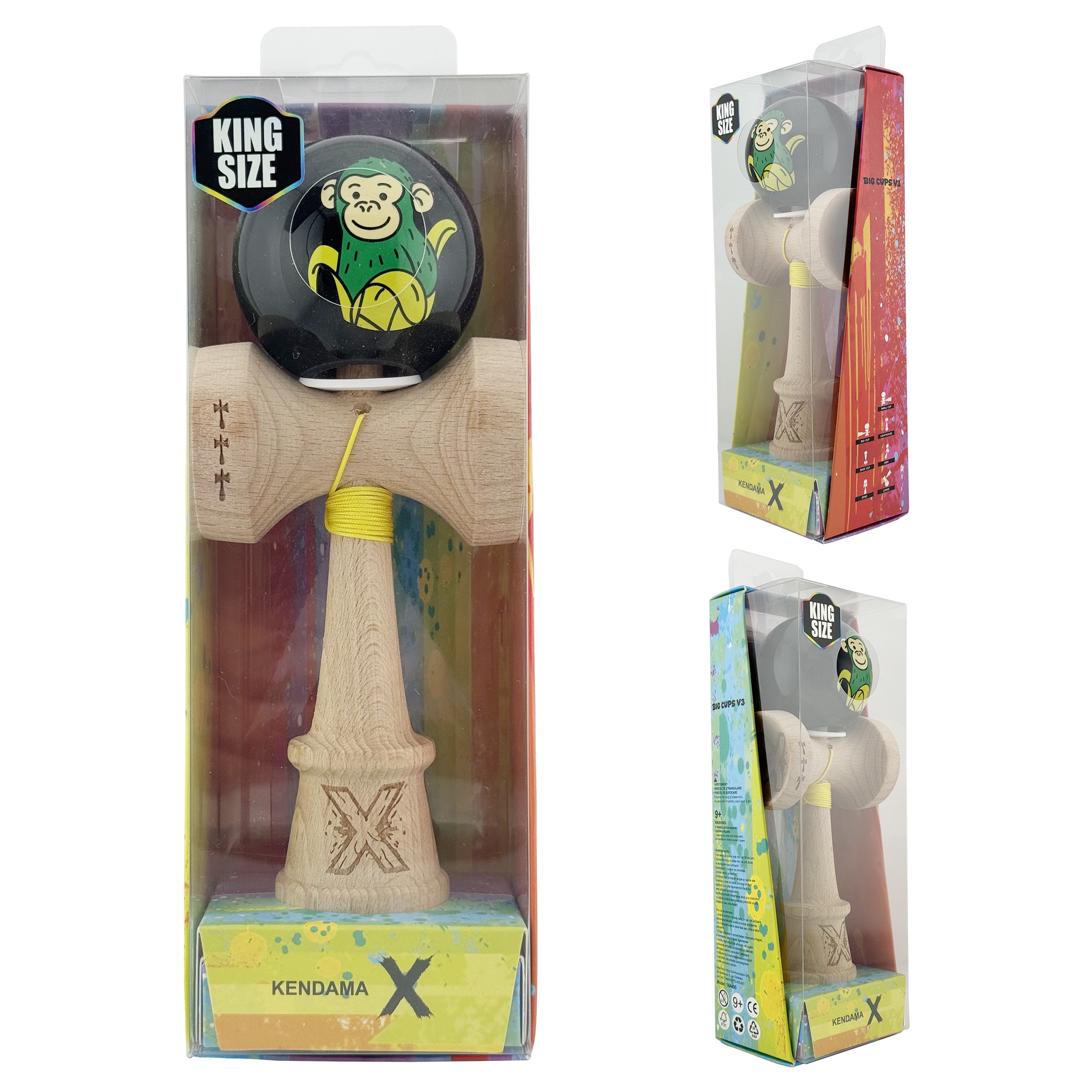 Kendama X Originala, Profesionala, Flippy, Green Monkey, Super Sticky cu Cupe Mari King Size V3, Rulment Metalic si Gaura in Baza, din Lemn 18 cm, Ata 62/65 cm, Negru