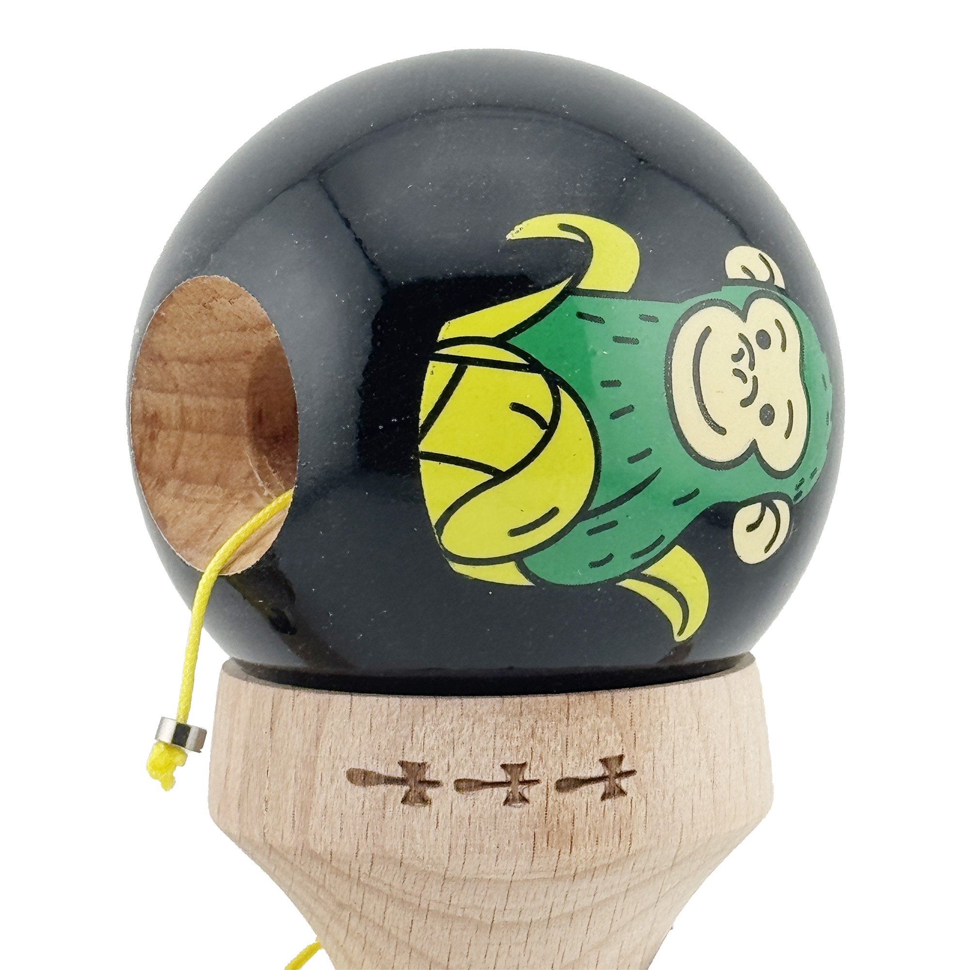 Kendama X Originala, Profesionala, Flippy, Green Monkey, Super Sticky cu Cupe Mari King Size V3, Rulment Metalic si Gaura in Baza, din Lemn 18 cm, Ata 62/65 cm, Negru