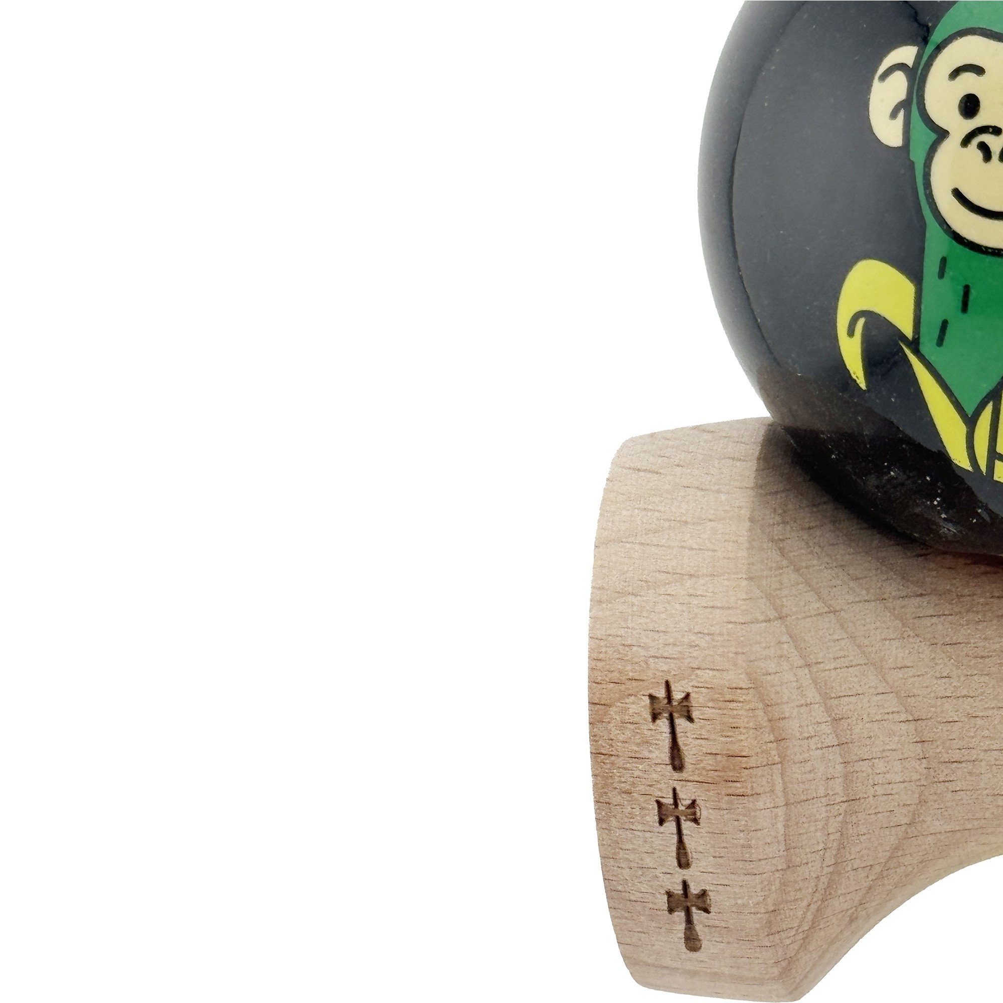 Kendama X Originala, Profesionala, Flippy, Green Monkey, Super Sticky cu Cupe Mari King Size V3, Rulment Metalic si Gaura in Baza, din Lemn 18 cm, Ata 62/65 cm, Negru