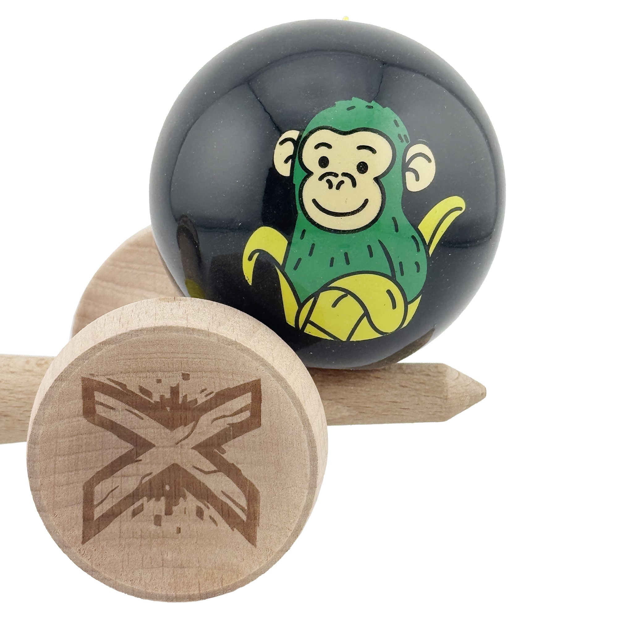 Kendama X Originala, Profesionala, Flippy, Green Monkey, Super Sticky cu Cupe Mari King Size V3, Rulment Metalic si Gaura in Baza, din Lemn 18 cm, Ata 62/65 cm, Negru