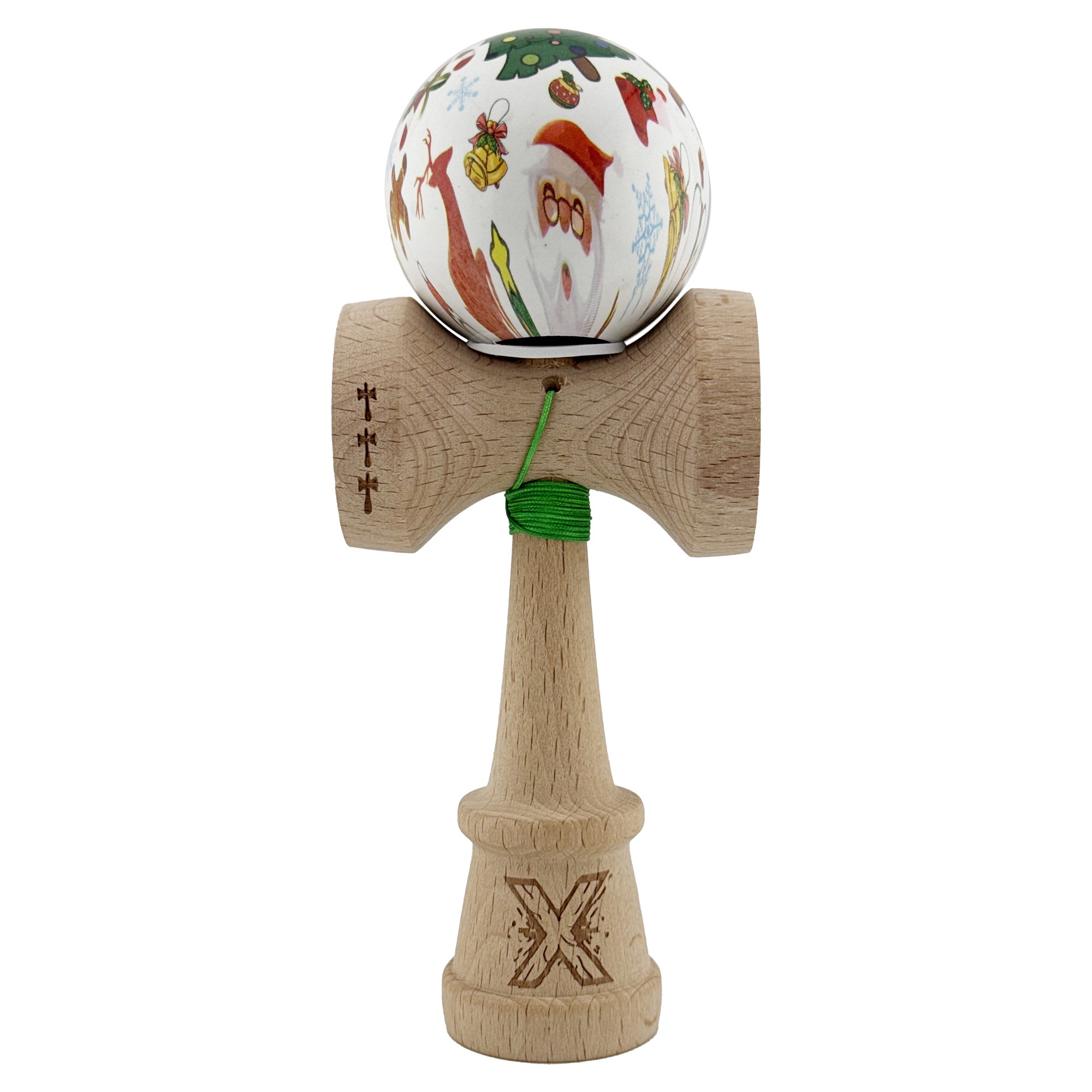 Kendama X Originala, Profesionala, Flippy, Christmas Edition, Super Sticky cu Cupe Mari KING SIZE V3, Rulment Metalic si Gaura in Baza, din Lemn 18 cm, Ata 55 cm, Alb Xmass Party
