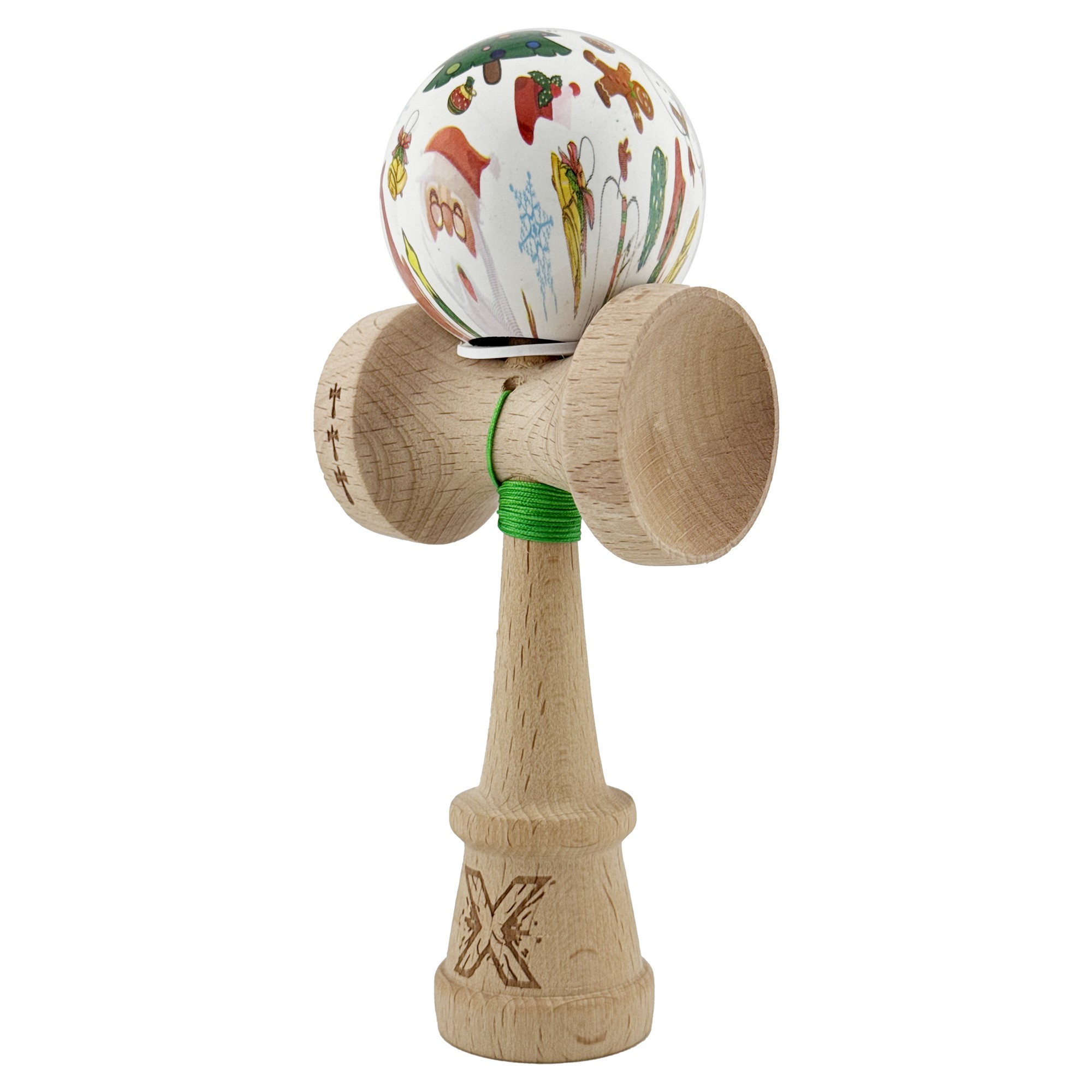 Kendama X Originala, Profesionala, Flippy, Christmas Edition, Super Sticky cu Cupe Mari KING SIZE V3, Rulment Metalic si Gaura in Baza, din Lemn 18 cm, Ata 55 cm, Alb Xmass Party