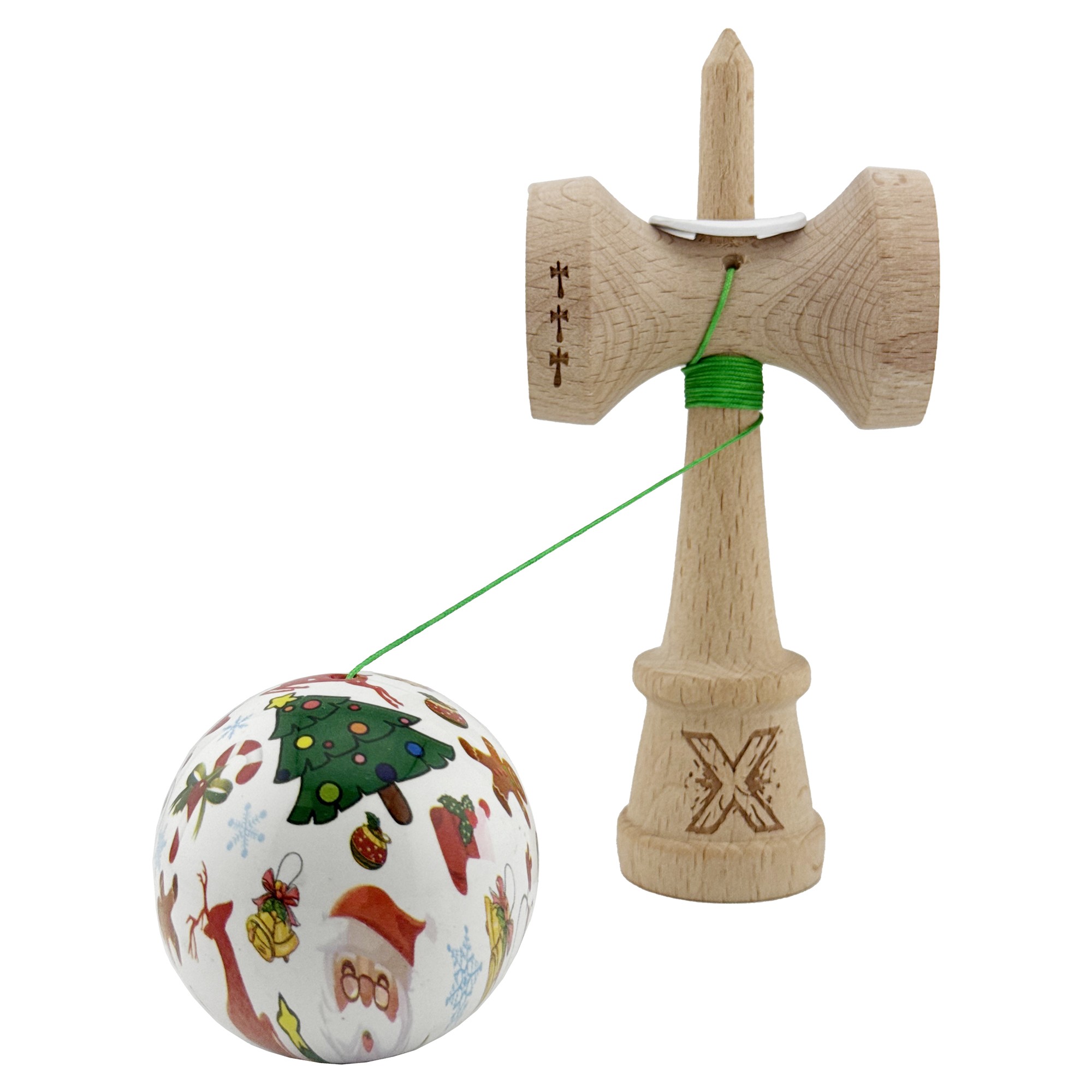 Kendama X Originala, Profesionala, Flippy, Christmas Edition, Super Sticky cu Cupe Mari KING SIZE V3, Rulment Metalic si Gaura in Baza, din Lemn 18 cm, Ata 55 cm, Alb Xmass Party