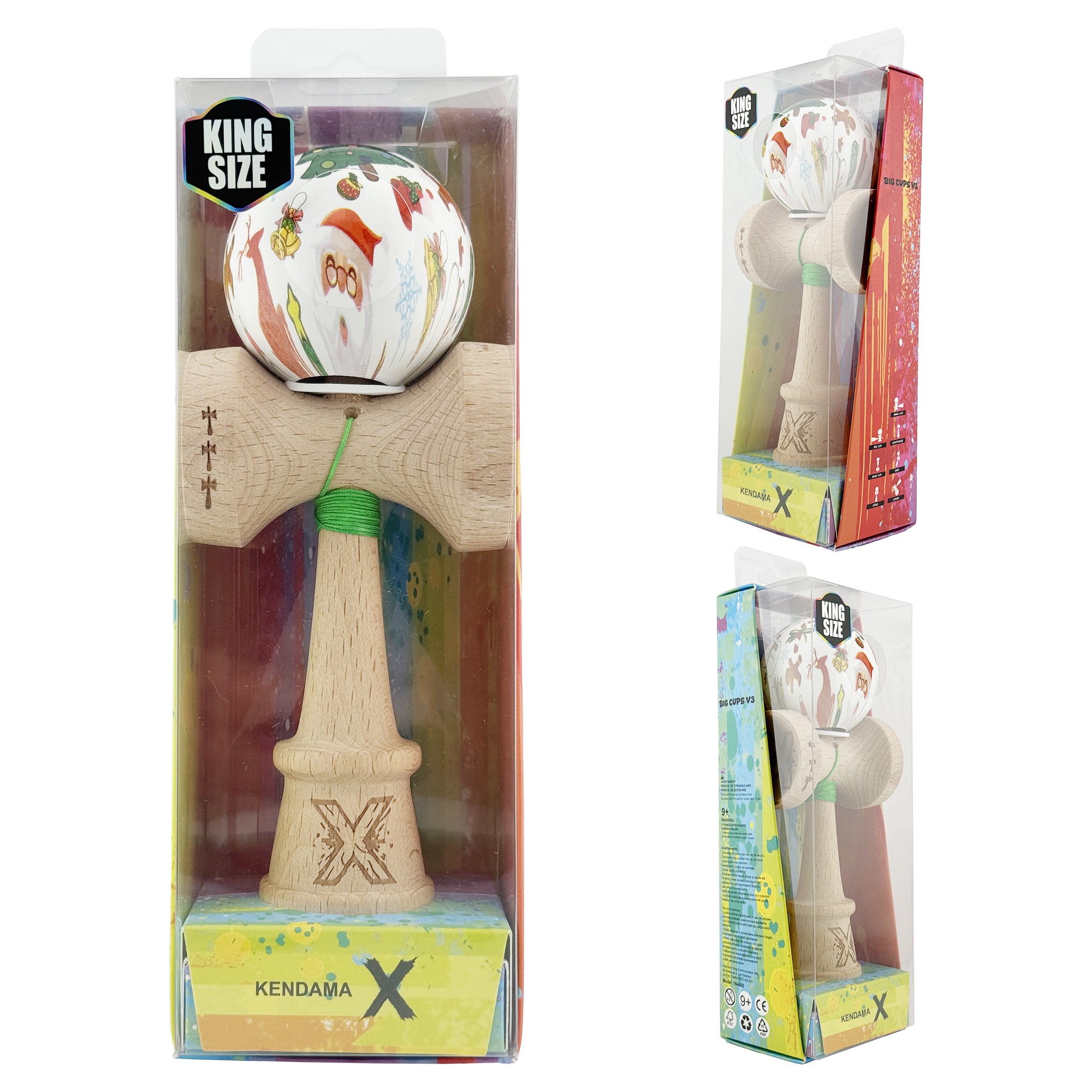Kendama X Originala, Profesionala, Flippy, Christmas Edition, Super Sticky cu Cupe Mari KING SIZE V3, Rulment Metalic si Gaura in Baza, din Lemn 18 cm, Ata 55 cm, Alb Xmass Party
