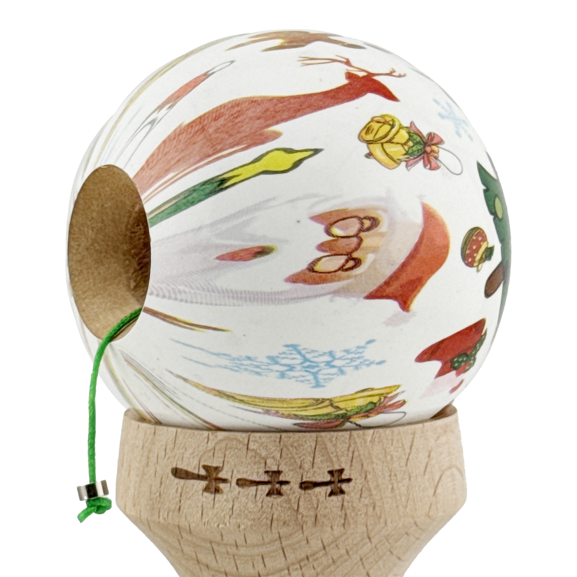 Kendama X Originala, Profesionala, Flippy, Christmas Edition, Super Sticky cu Cupe Mari KING SIZE V3, Rulment Metalic si Gaura in Baza, din Lemn 18 cm, Ata 55 cm, Alb Xmass Party