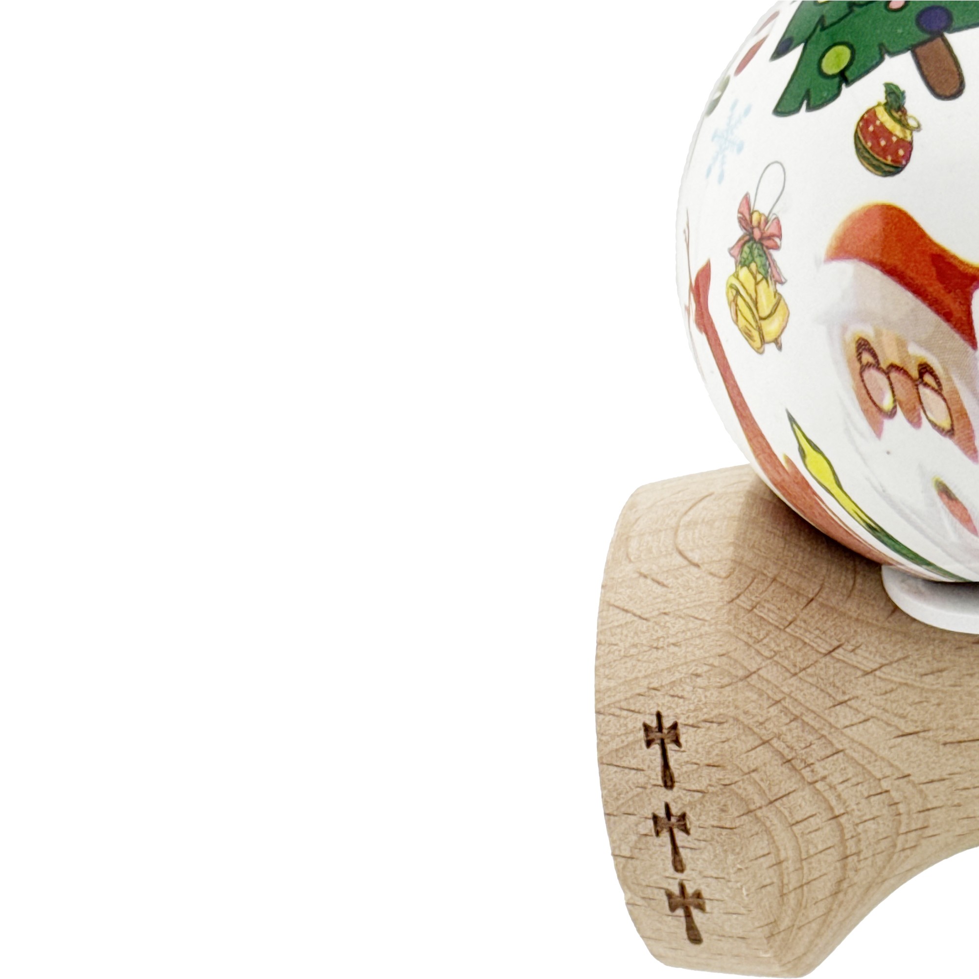 Kendama X Originala, Profesionala, Flippy, Christmas Edition, Super Sticky cu Cupe Mari KING SIZE V3, Rulment Metalic si Gaura in Baza, din Lemn 18 cm, Ata 55 cm, Alb Xmass Party