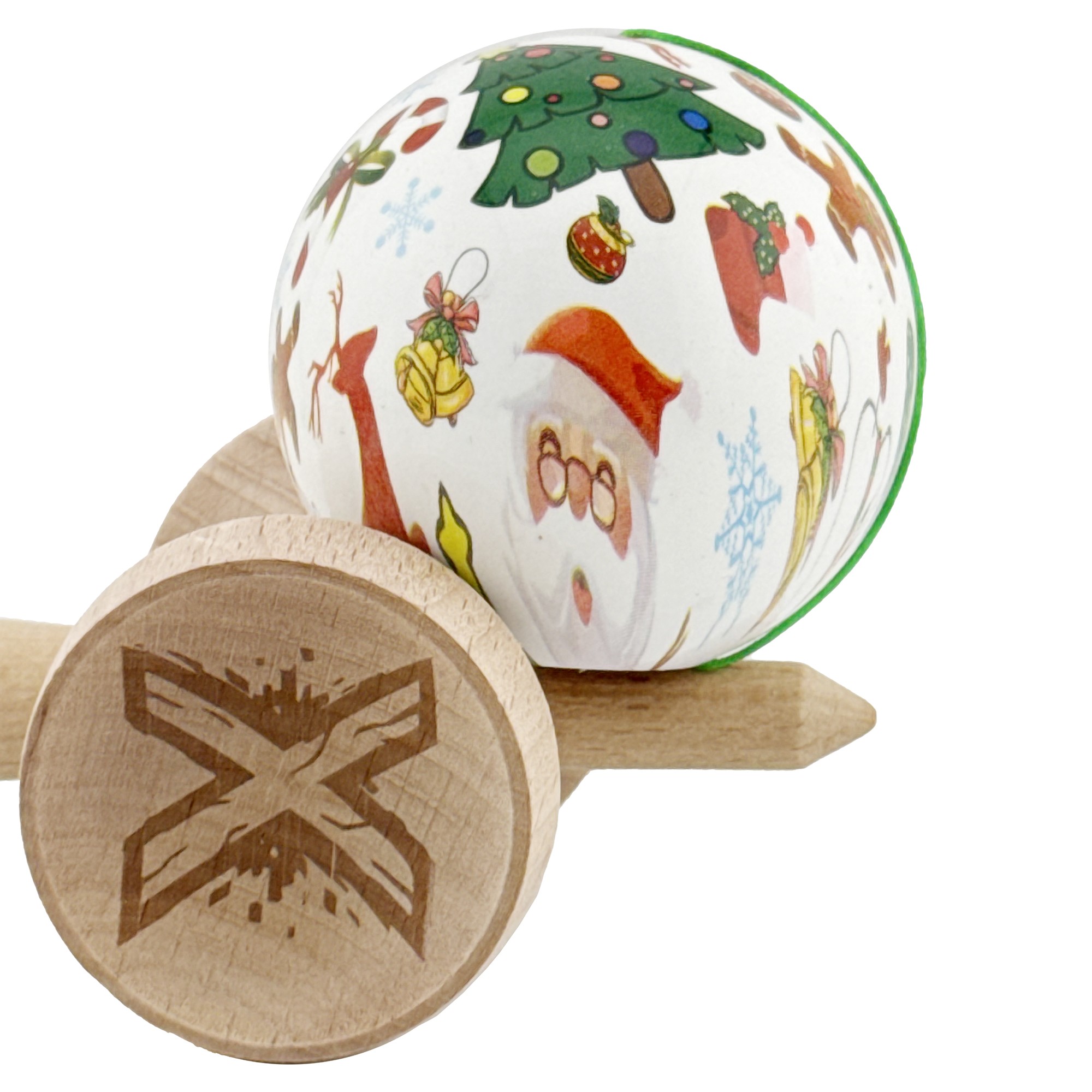 Kendama X Originala, Profesionala, Flippy, Christmas Edition, Super Sticky cu Cupe Mari KING SIZE V3, Rulment Metalic si Gaura in Baza, din Lemn 18 cm, Ata 55 cm, Alb Xmass Party