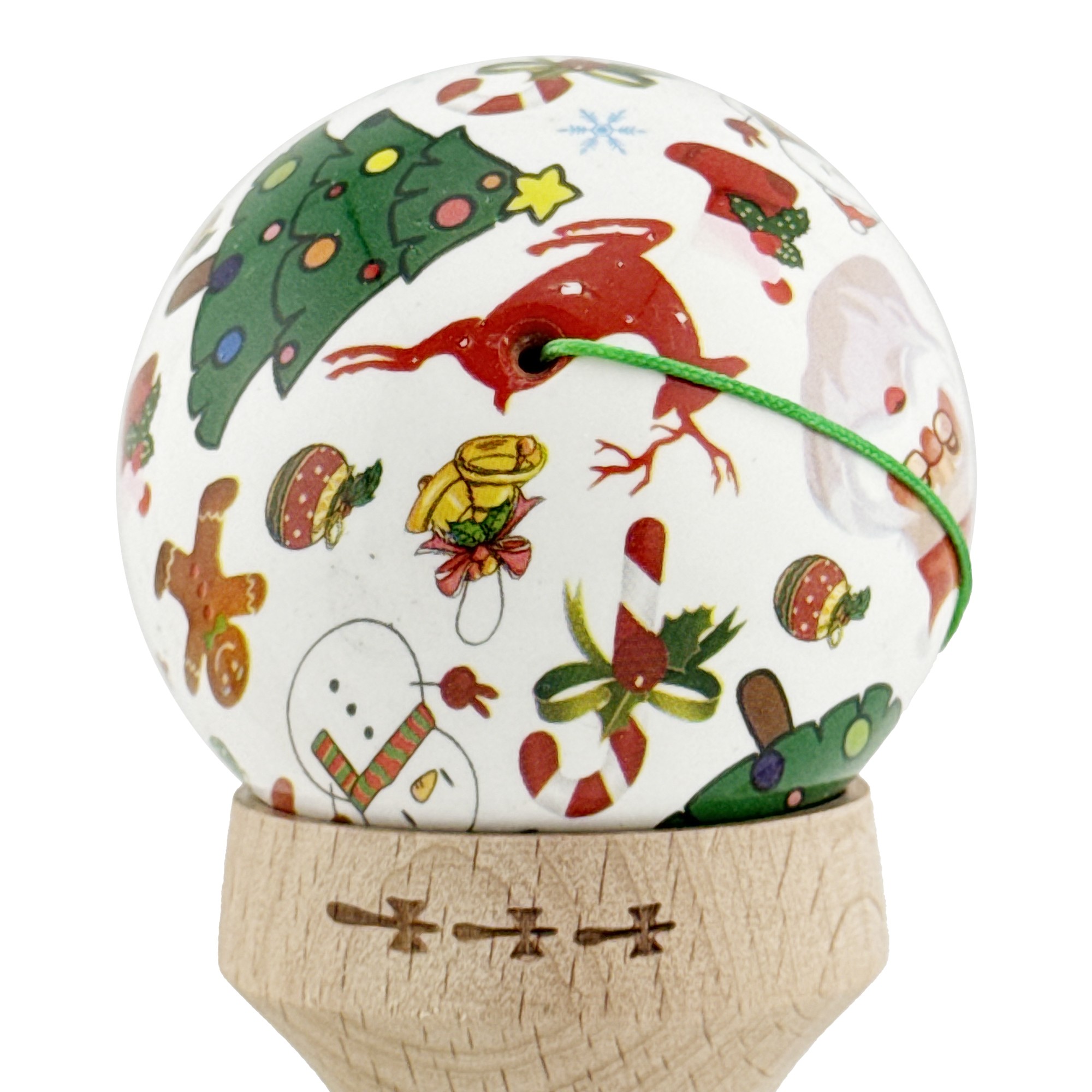 Kendama X Originala, Profesionala, Flippy, Christmas Edition, Super Sticky cu Cupe Mari KING SIZE V3, Rulment Metalic si Gaura in Baza, din Lemn 18 cm, Ata 55 cm, Alb Xmass Party