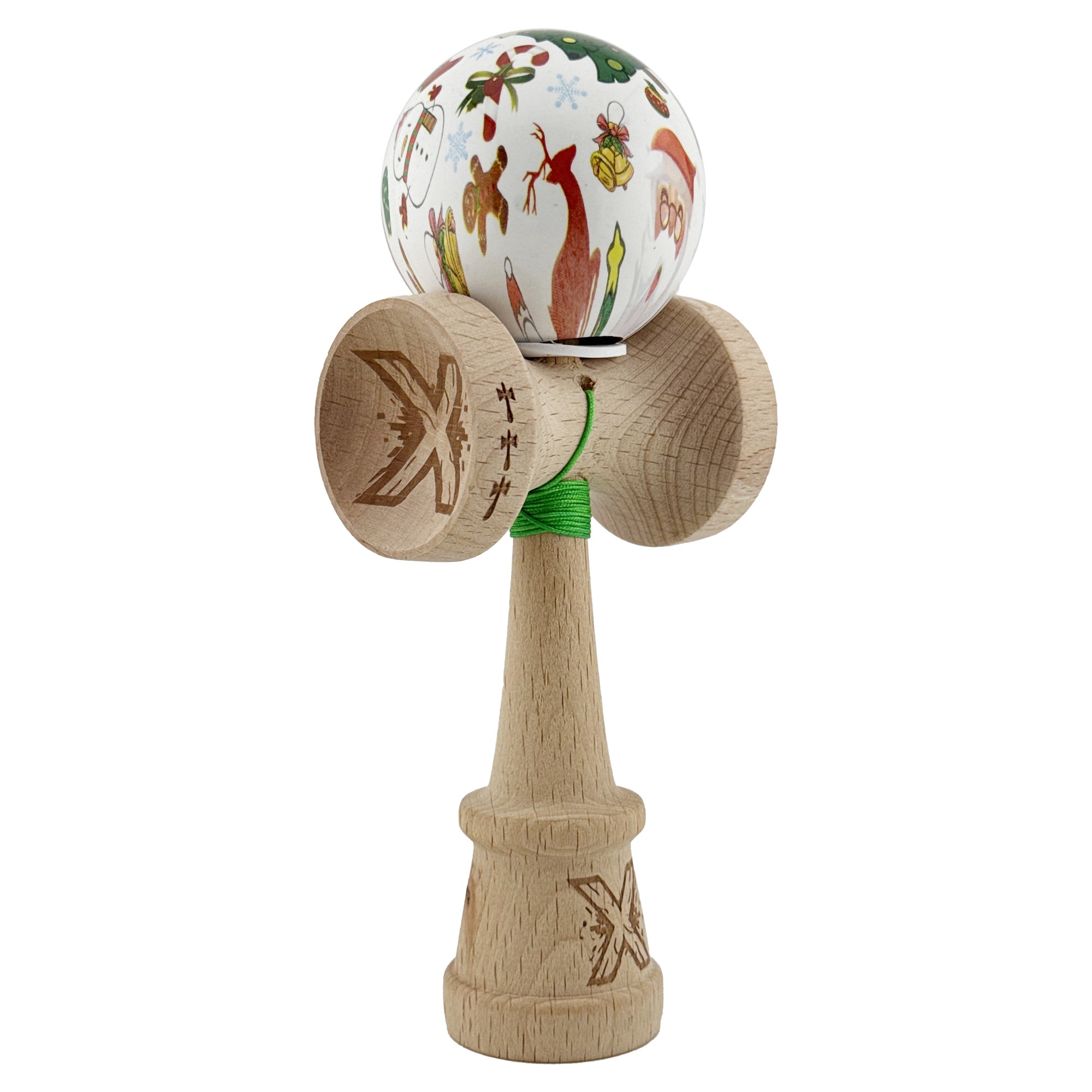 Kendama X Originala, Profesionala, Flippy, Christmas Edition, Super Sticky cu Cupe Mari KING SIZE V3, Rulment Metalic si Gaura in Baza, din Lemn 18 cm, Ata 55 cm, Alb Xmass Party