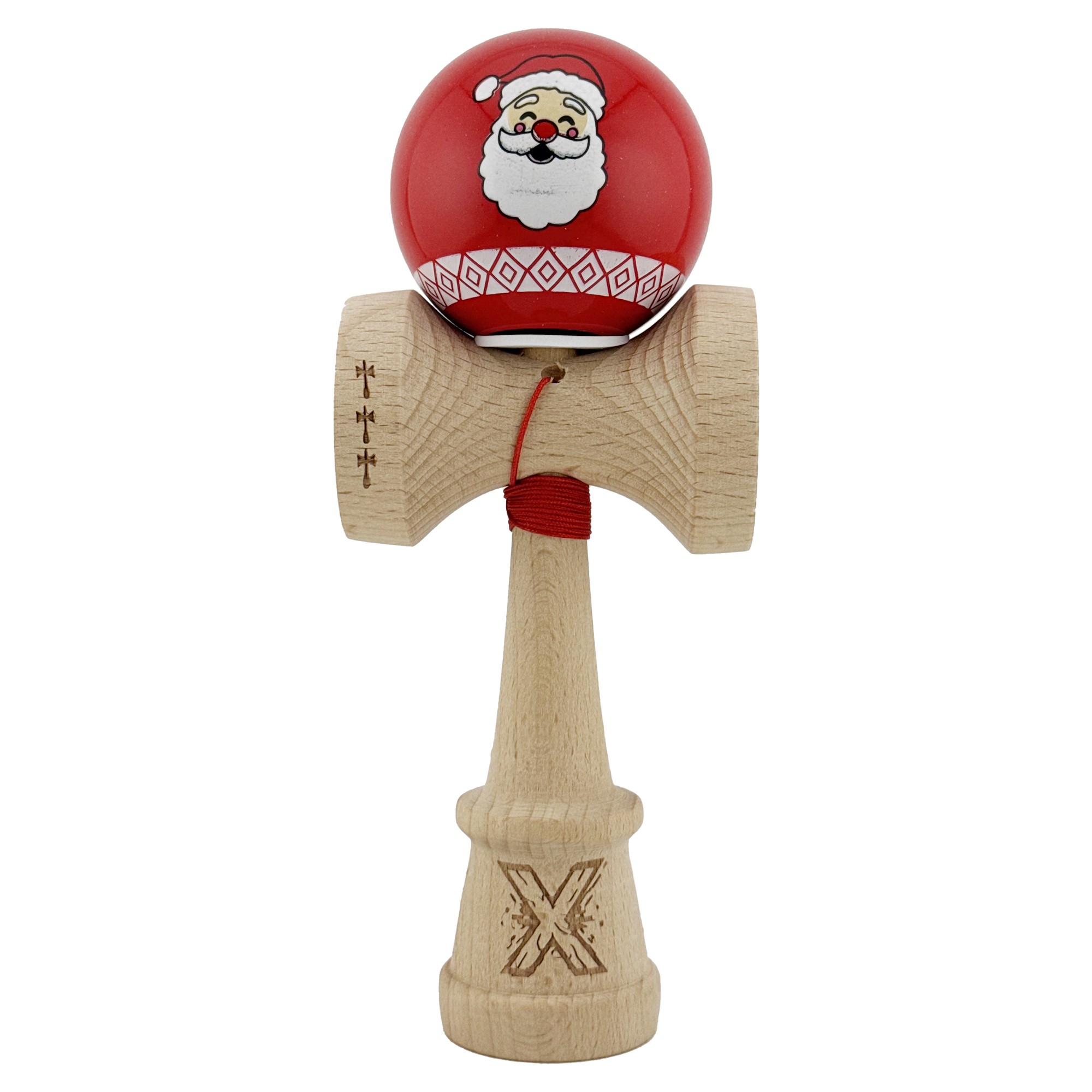 Kendama X Originala, Profesionala, Flippy, Christmas Edition, Super Sticky cu Cupe Mari KING SIZE V3, Rulment Metalic si Gaura in Baza, din Lemn 18 cm, Ata 62/65 cm, Rosu Mos Craciun