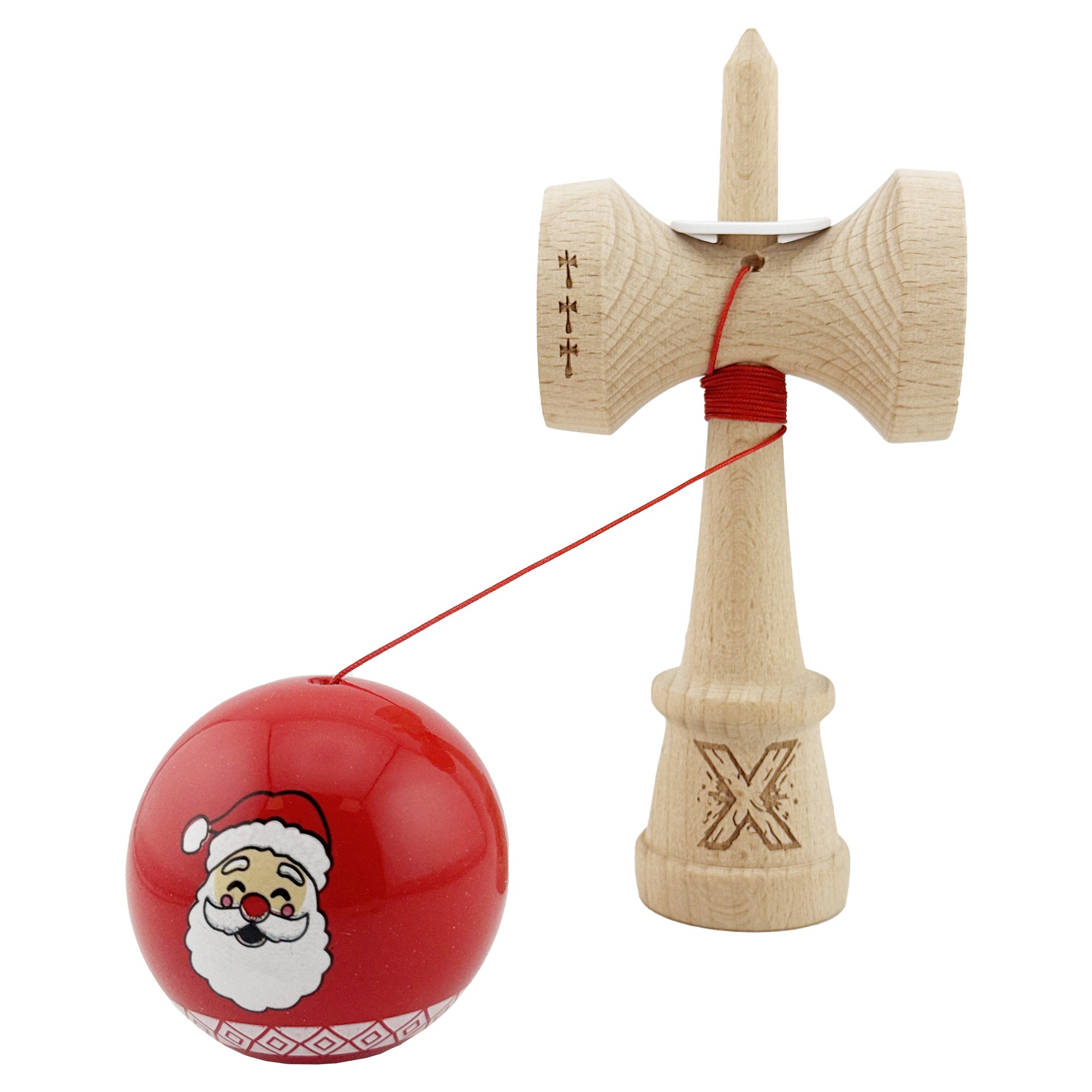 Kendama X Originala, Profesionala, Flippy, Christmas Edition, Super Sticky cu Cupe Mari KING SIZE V3, Rulment Metalic si Gaura in Baza, din Lemn 18 cm, Ata 62/65 cm, Rosu Mos Craciun
