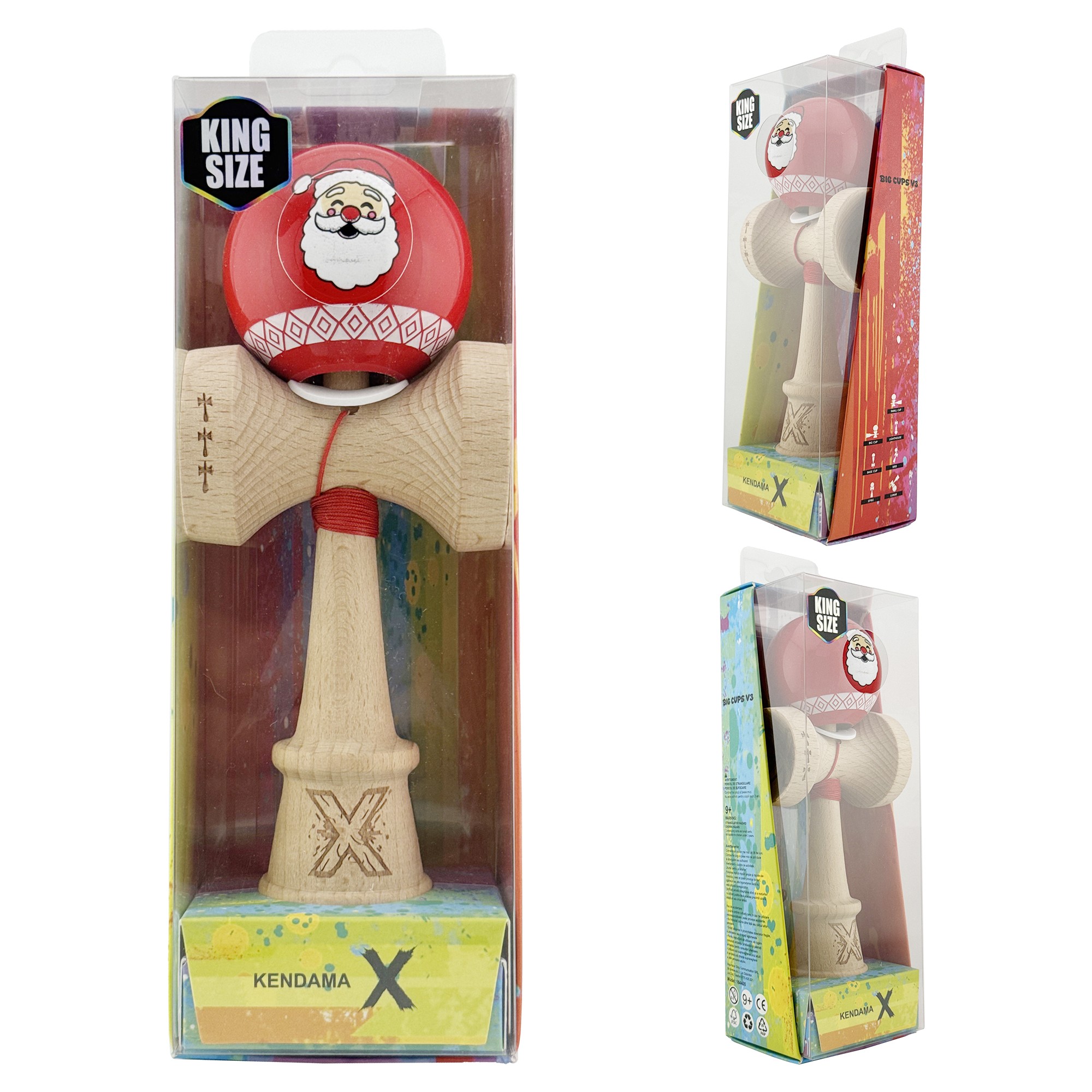 Kendama X Originala, Profesionala, Flippy, Christmas Edition, Super Sticky cu Cupe Mari KING SIZE V3, Rulment Metalic si Gaura in Baza, din Lemn 18 cm, Ata 62/65 cm, Rosu Mos Craciun