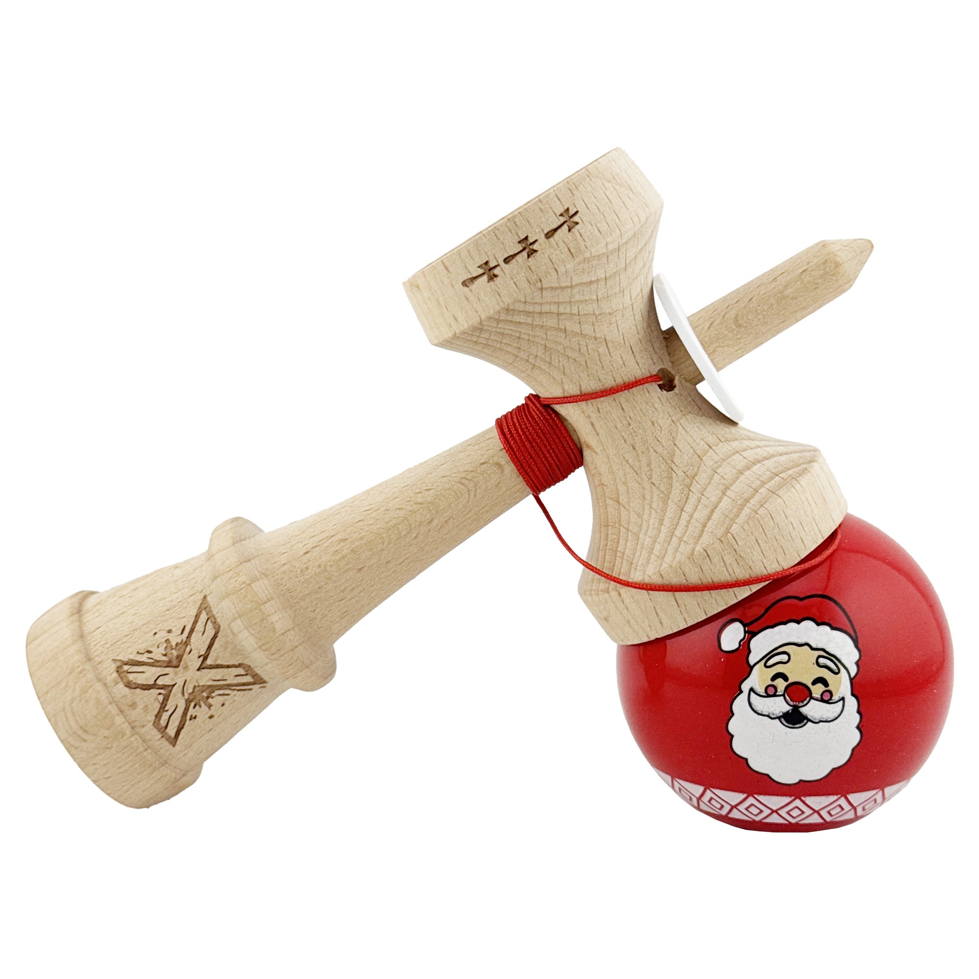 Kendama X Originala, Profesionala, Flippy, Christmas Edition, Super Sticky cu Cupe Mari KING SIZE V3, Rulment Metalic si Gaura in Baza, din Lemn 18 cm, Ata 62/65 cm, Rosu Mos Craciun