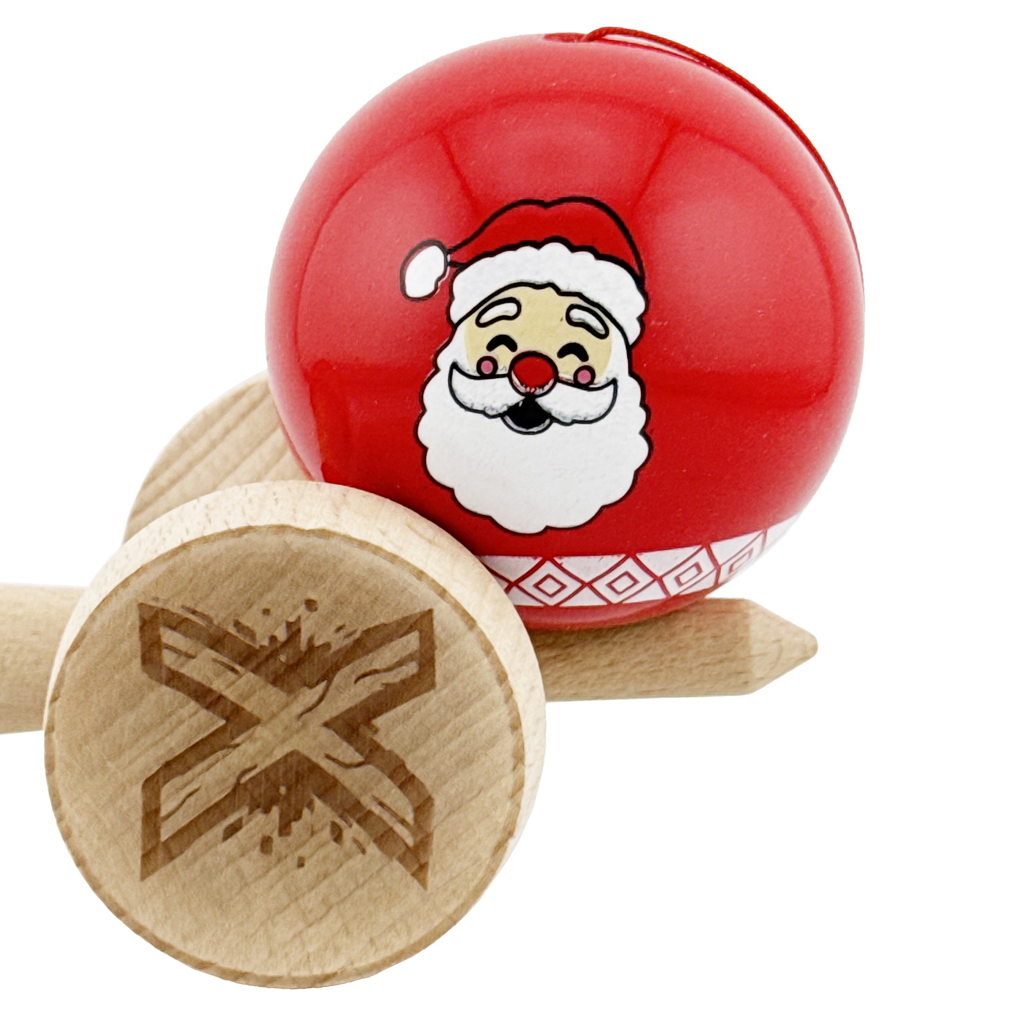 Kendama X Originala, Profesionala, Flippy, Christmas Edition, Super Sticky cu Cupe Mari KING SIZE V3, Rulment Metalic si Gaura in Baza, din Lemn 18 cm, Ata 62/65 cm, Rosu Mos Craciun