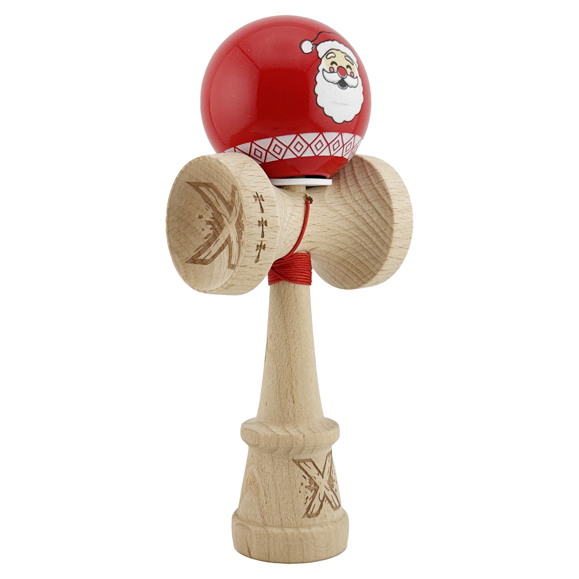 Kendama X Originala, Profesionala, Flippy, Christmas Edition, Super Sticky cu Cupe Mari KING SIZE V3, Rulment Metalic si Gaura in Baza, din Lemn 18 cm, Ata 62/65 cm, Rosu Mos Craciun