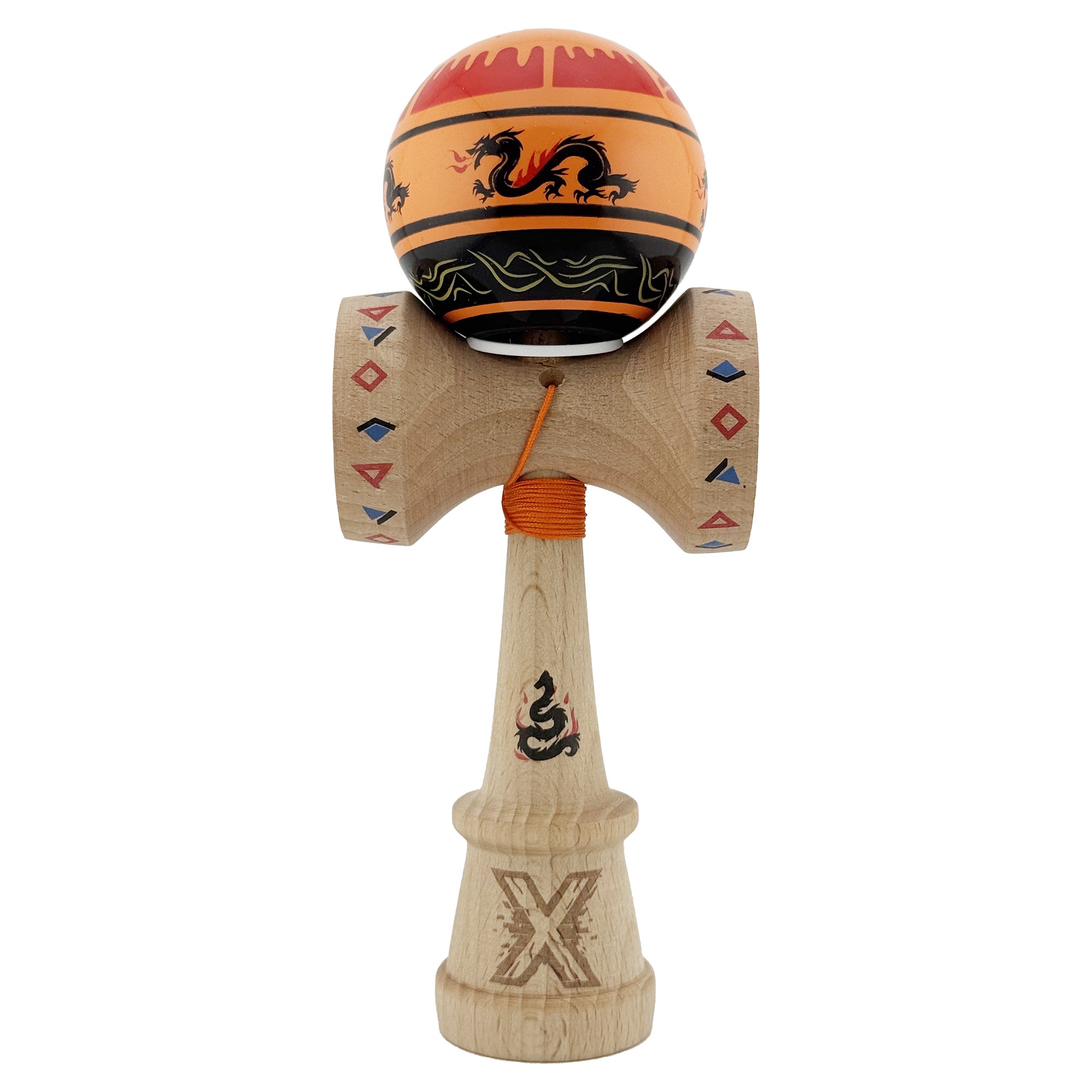 Kendama X Originala, Profesionala, Flippy, DRAGON Series, Super Sticky cu Cupe Mari King Size V3, Rulment Metalic si Gaura in Baza, din Lemn 18 cm, Ata 62/65 cm, Portocaliu/Negru