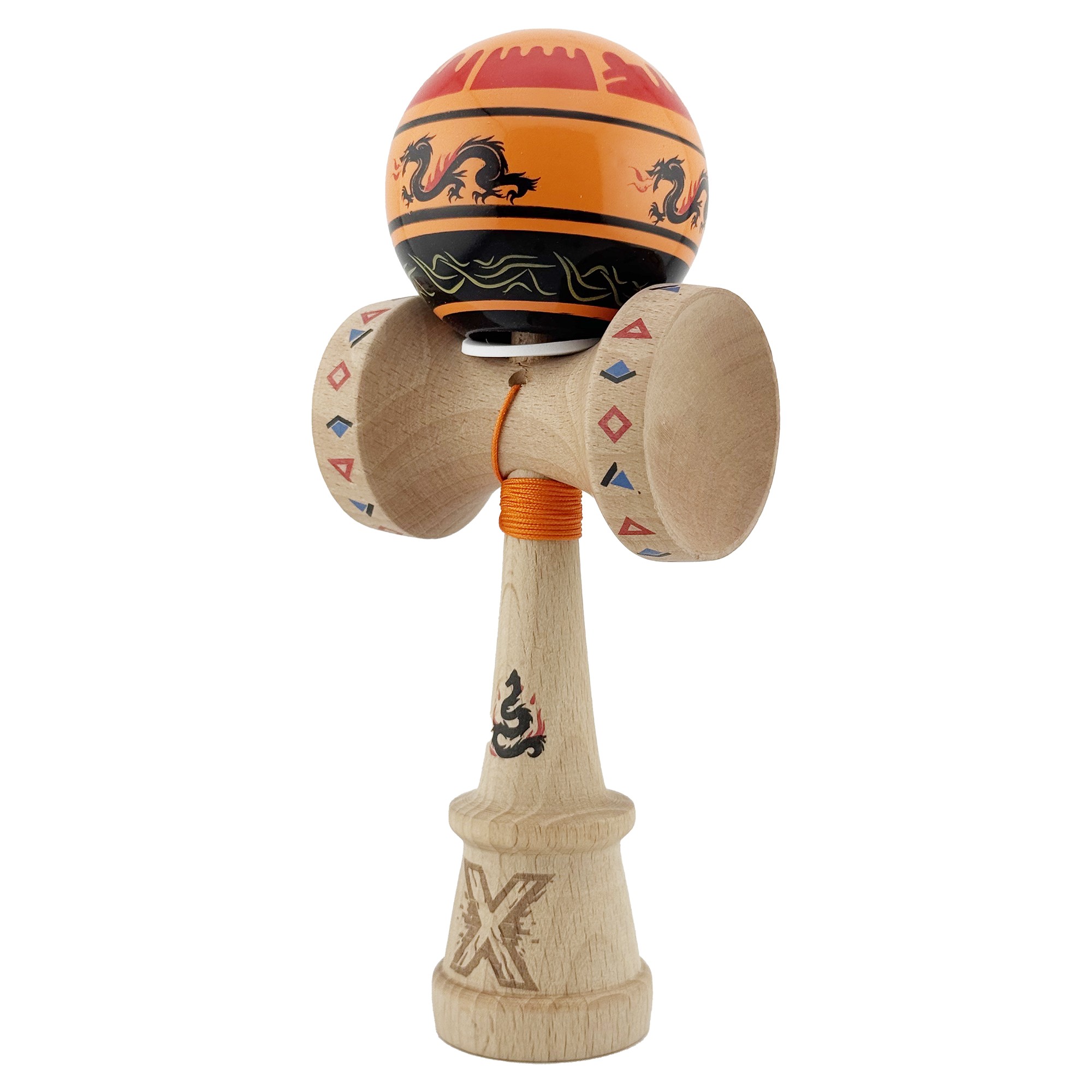 Kendama X Originala, Profesionala, Flippy, DRAGON Series, Super Sticky cu Cupe Mari King Size V3, Rulment Metalic si Gaura in Baza, din Lemn 18 cm, Ata 62/65 cm, Portocaliu/Negru