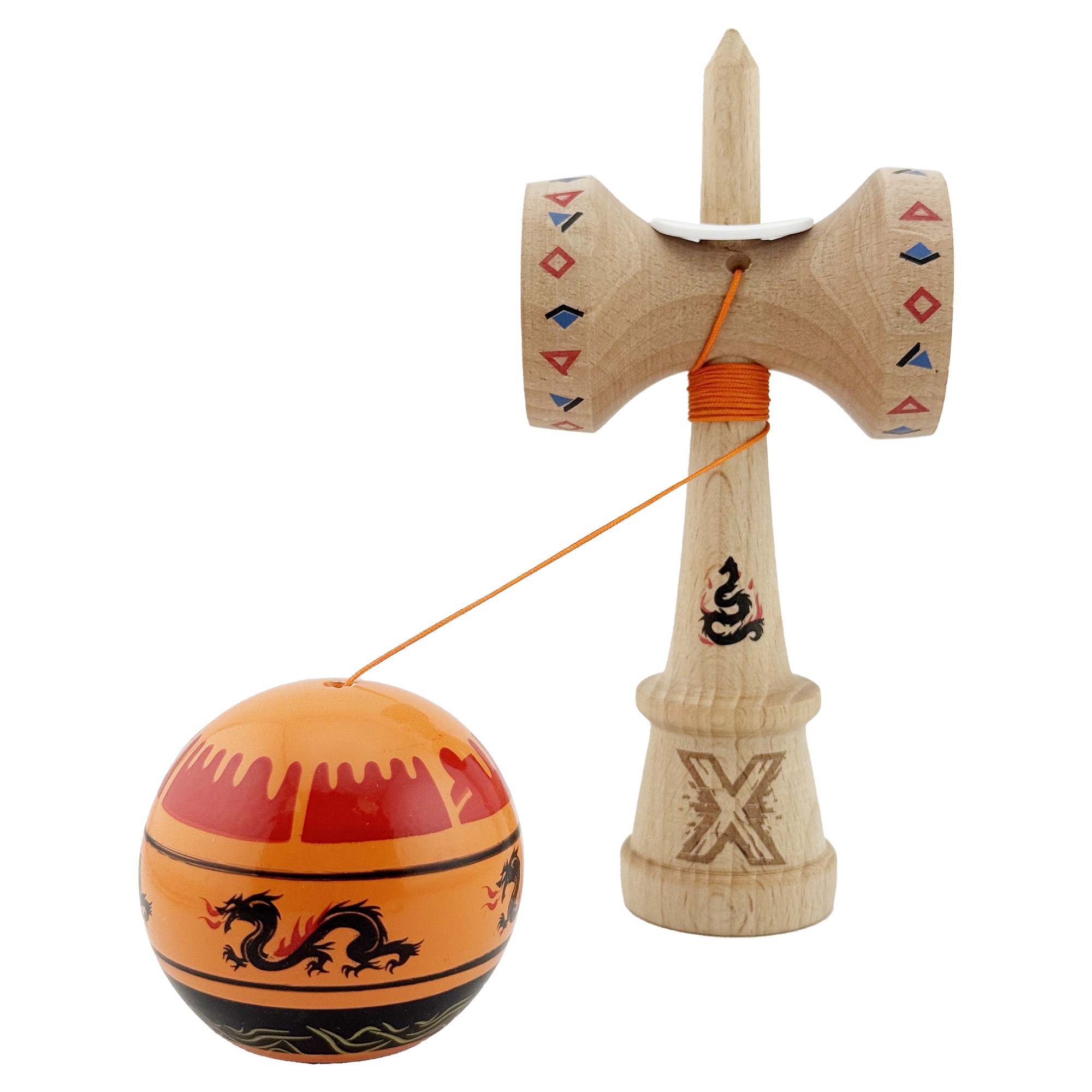 Kendama X Originala, Profesionala, Flippy, DRAGON Series, Super Sticky cu Cupe Mari King Size V3, Rulment Metalic si Gaura in Baza, din Lemn 18 cm, Ata 62/65 cm, Portocaliu/Negru