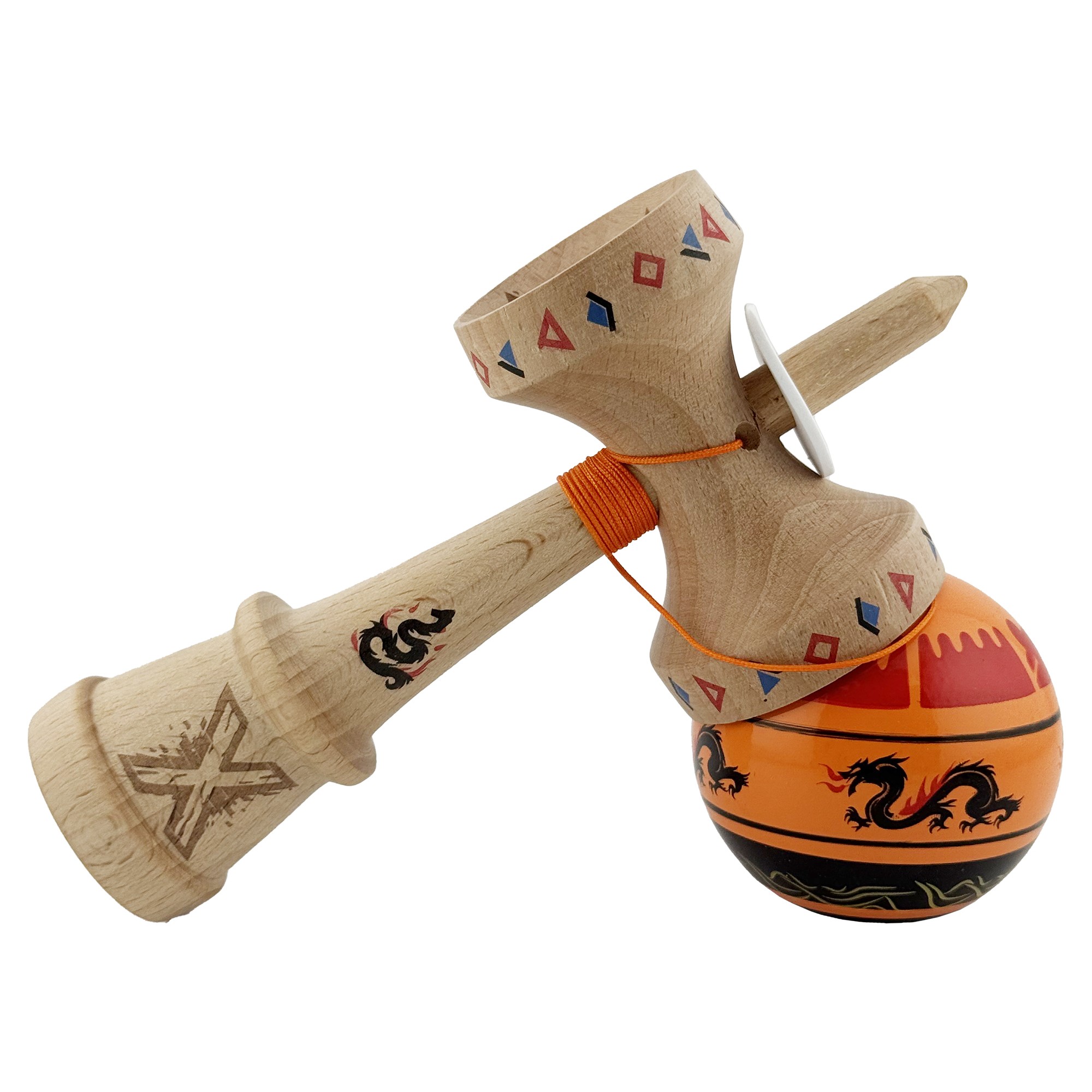 Kendama X Originala, Profesionala, Flippy, DRAGON Series, Super Sticky cu Cupe Mari King Size V3, Rulment Metalic si Gaura in Baza, din Lemn 18 cm, Ata 62/65 cm, Portocaliu/Negru