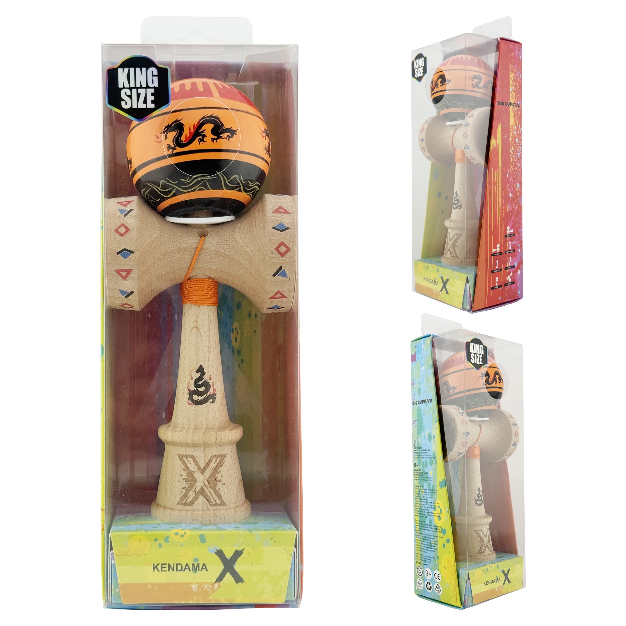 Kendama X Originala, Profesionala, Flippy, DRAGON Series, Super Sticky cu Cupe Mari King Size V3, Rulment Metalic si Gaura in Baza, din Lemn 18 cm, Ata 62/65 cm, Portocaliu/Negru