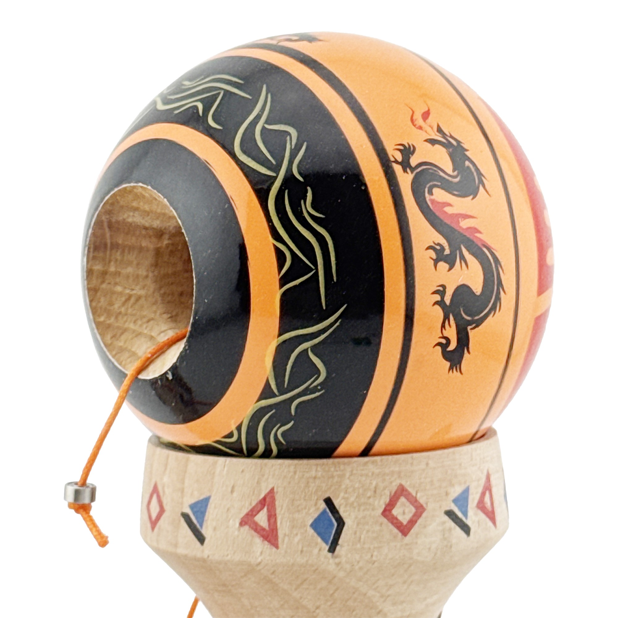 Kendama X Originala, Profesionala, Flippy, DRAGON Series, Super Sticky cu Cupe Mari King Size V3, Rulment Metalic si Gaura in Baza, din Lemn 18 cm, Ata 62/65 cm, Portocaliu/Negru