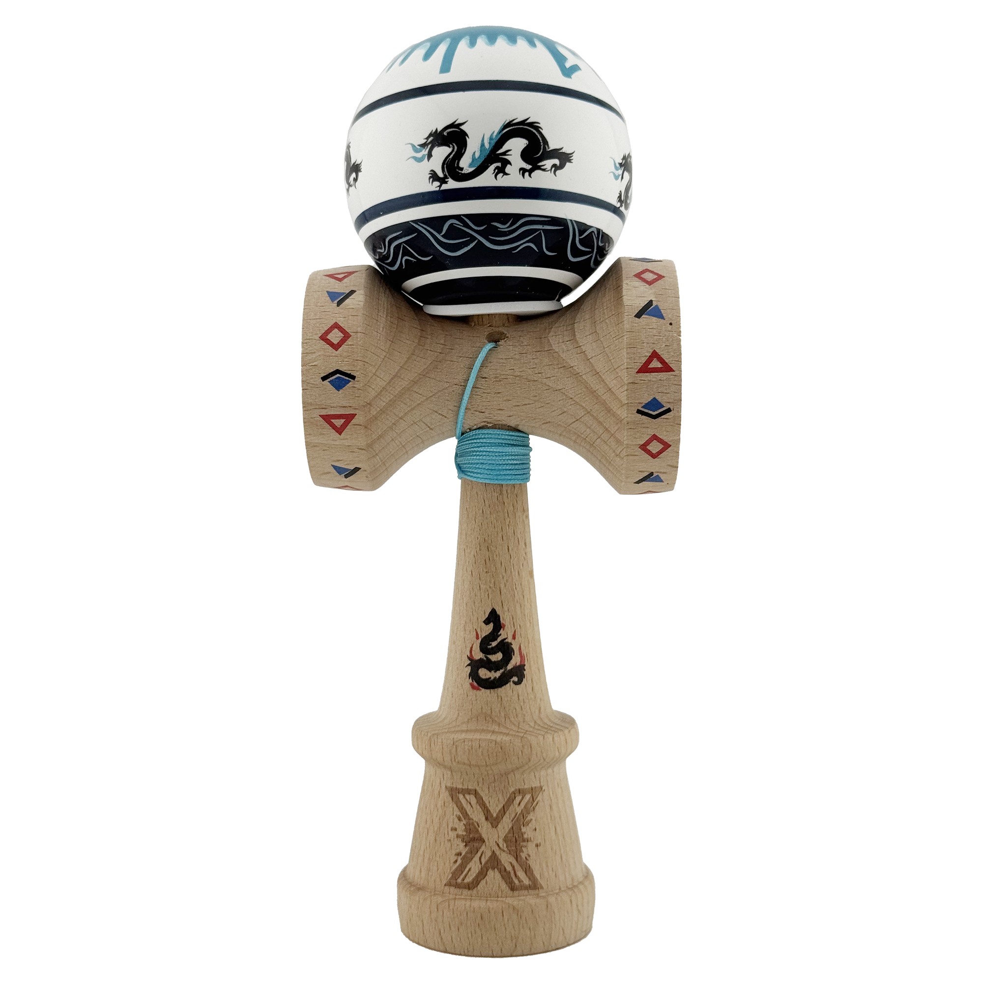 Kendama X Originala, Profesionala, Flippy, DRAGON Series, Super Sticky cu Cupe Mari King Size V3, Rulment Metalic si Gaura in Baza, din Lemn 18 cm, Ata 62/65 cm, Albastru/Negru
