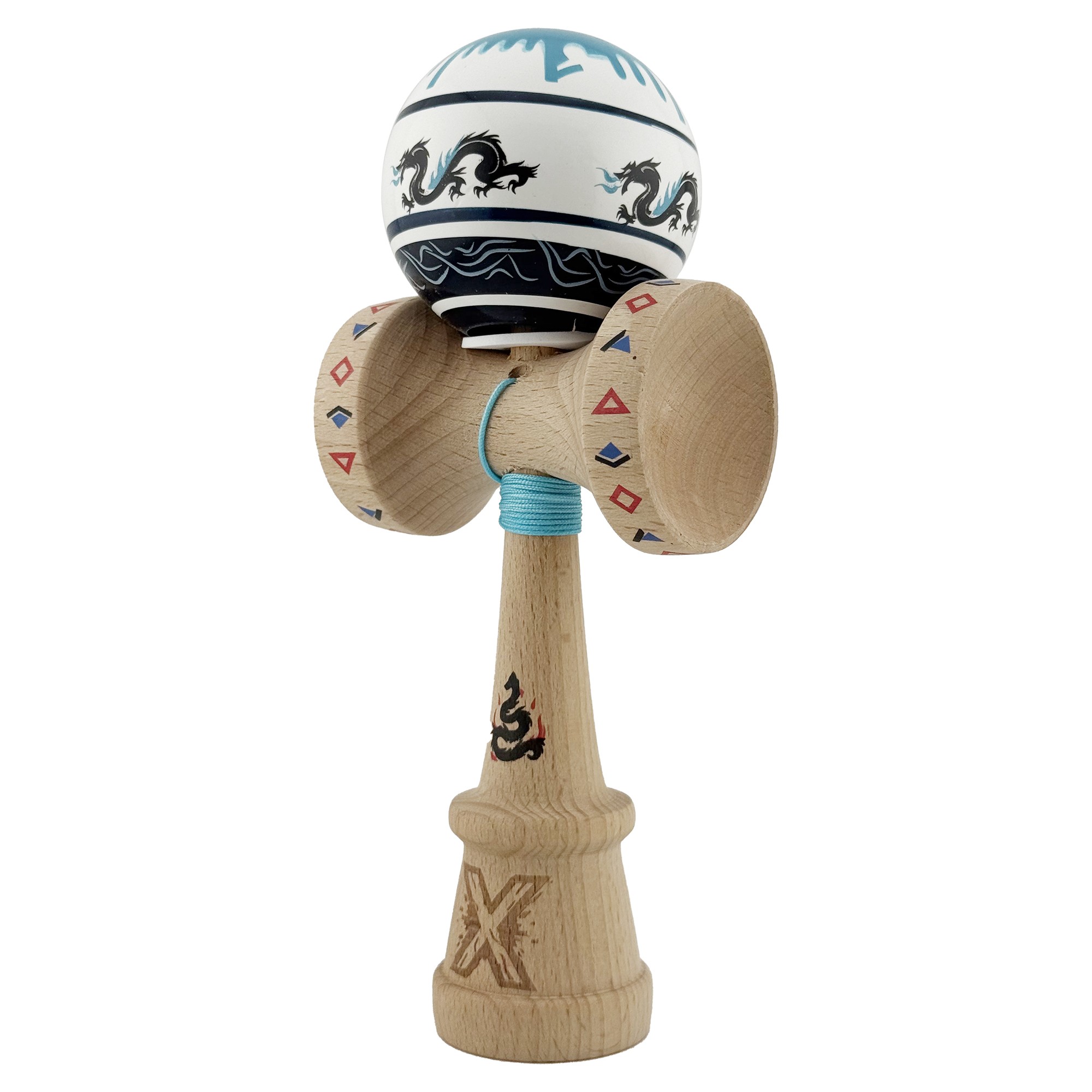 Kendama X Originala, Profesionala, Flippy, DRAGON Series, Super Sticky cu Cupe Mari King Size V3, Rulment Metalic si Gaura in Baza, din Lemn 18 cm, Ata 62/65 cm, Albastru/Negru