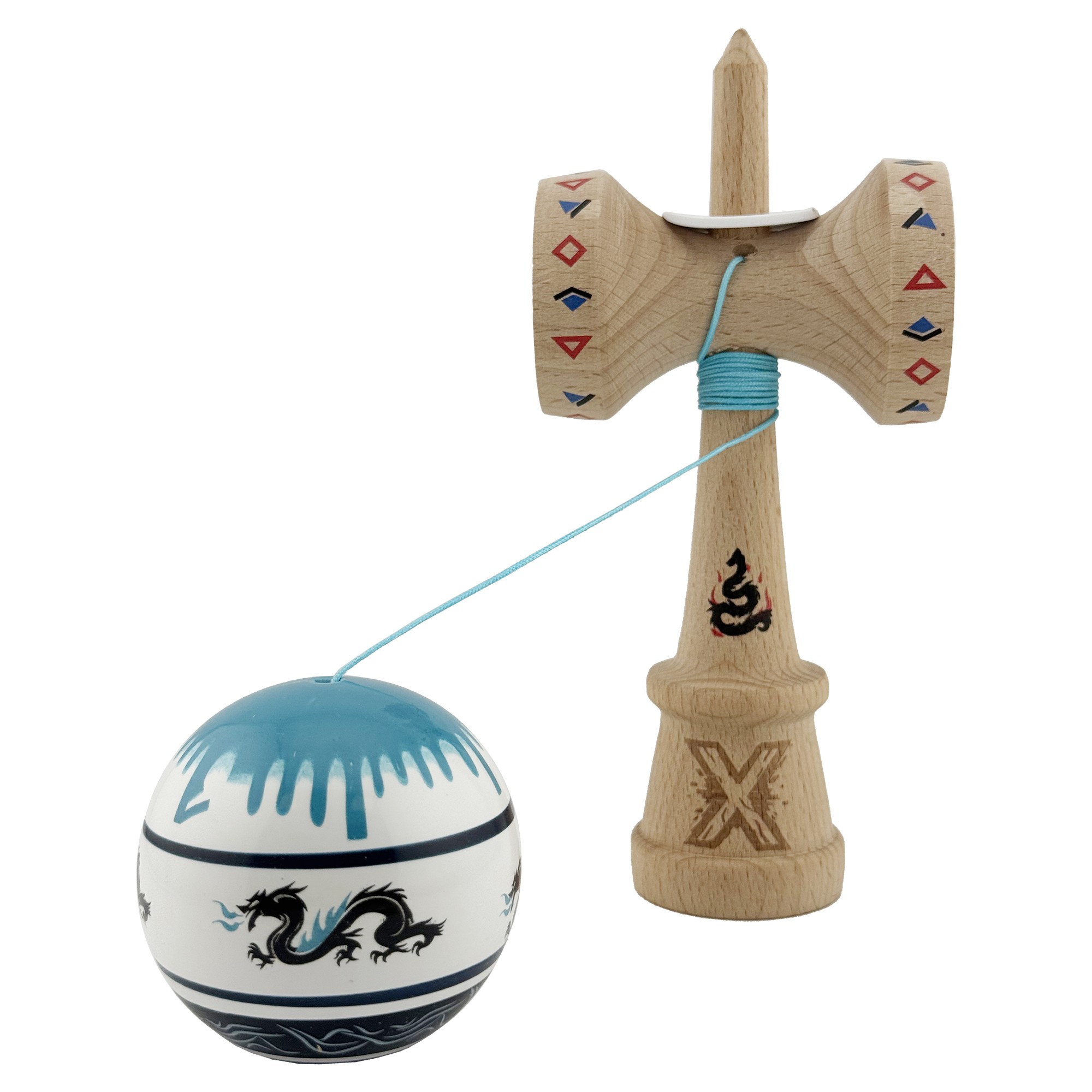 Kendama X Originala, Profesionala, Flippy, DRAGON Series, Super Sticky cu Cupe Mari King Size V3, Rulment Metalic si Gaura in Baza, din Lemn 18 cm, Ata 62/65 cm, Albastru/Negru