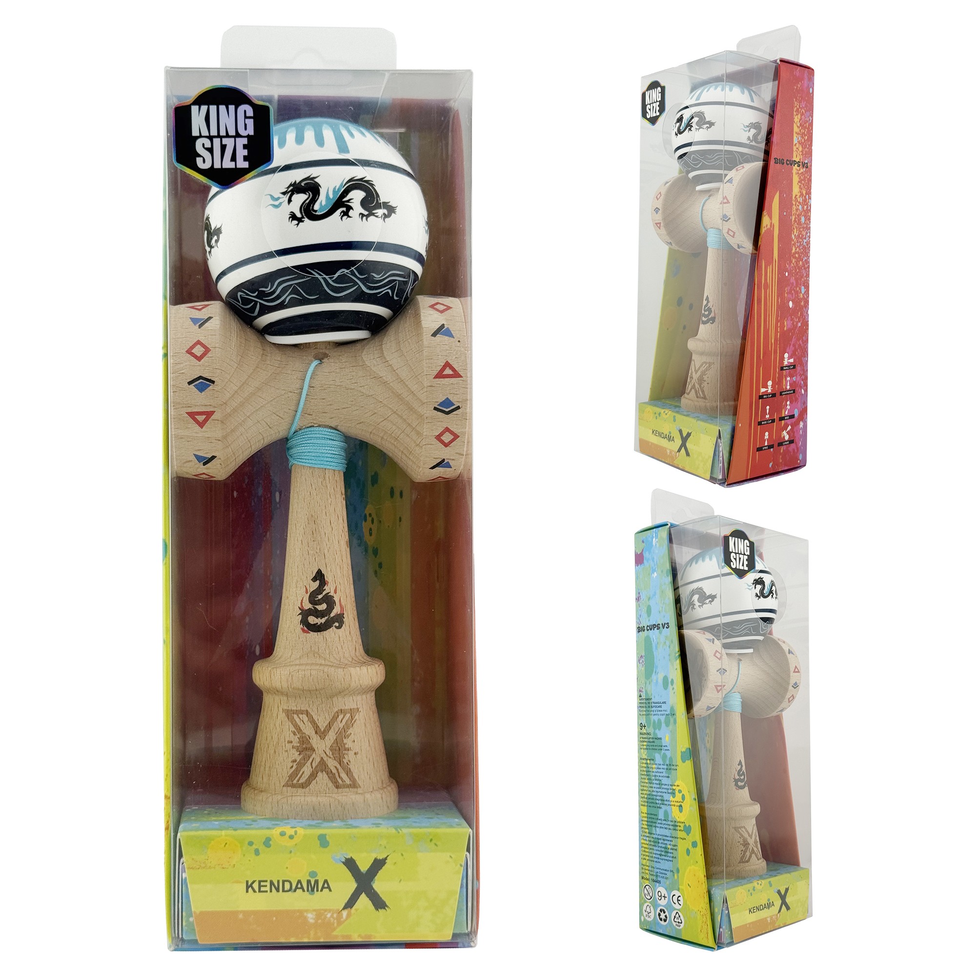 Kendama X Originala, Profesionala, Flippy, DRAGON Series, Super Sticky cu Cupe Mari King Size V3, Rulment Metalic si Gaura in Baza, din Lemn 18 cm, Ata 62/65 cm, Albastru/Negru
