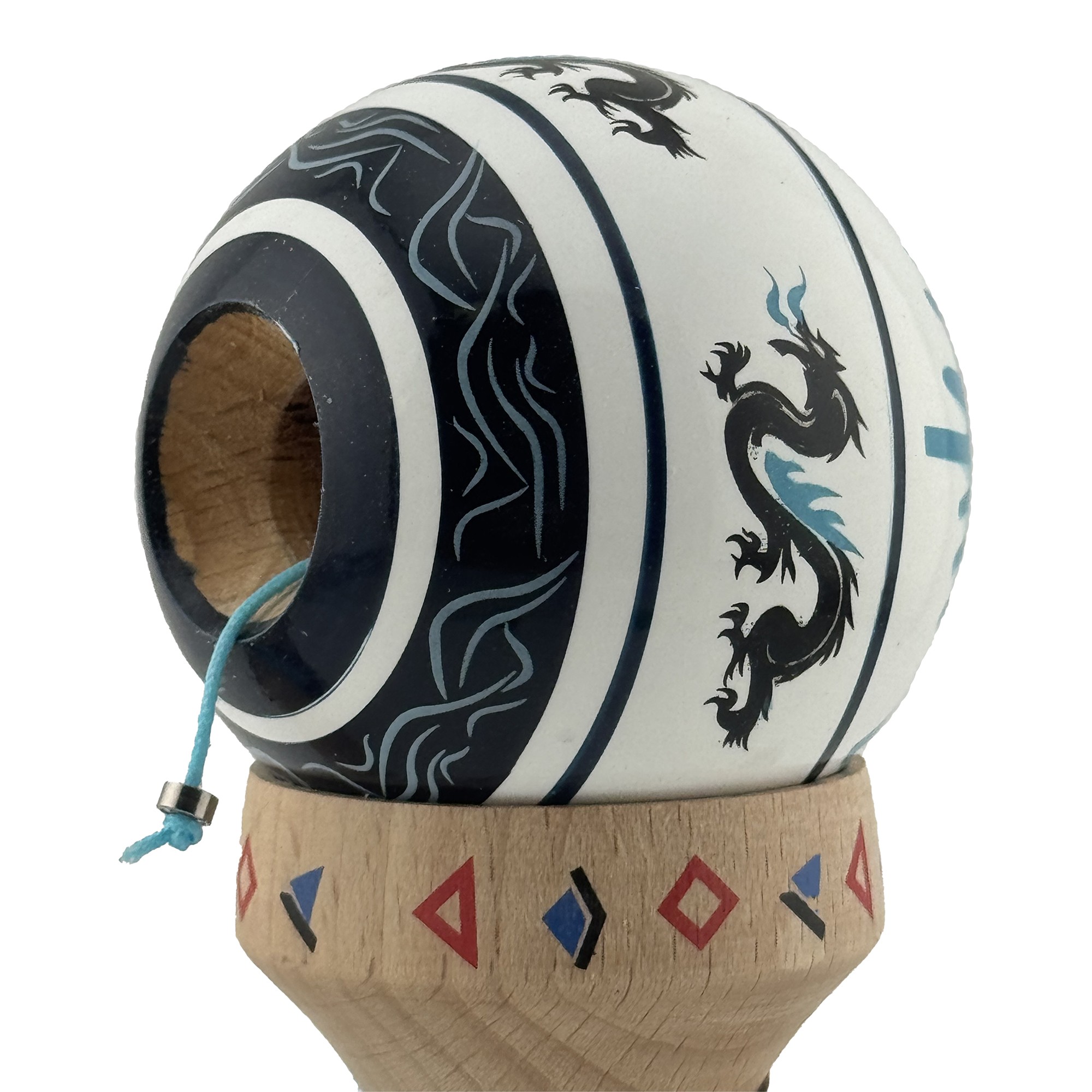 Kendama X Originala, Profesionala, Flippy, DRAGON Series, Super Sticky cu Cupe Mari King Size V3, Rulment Metalic si Gaura in Baza, din Lemn 18 cm, Ata 62/65 cm, Albastru/Negru