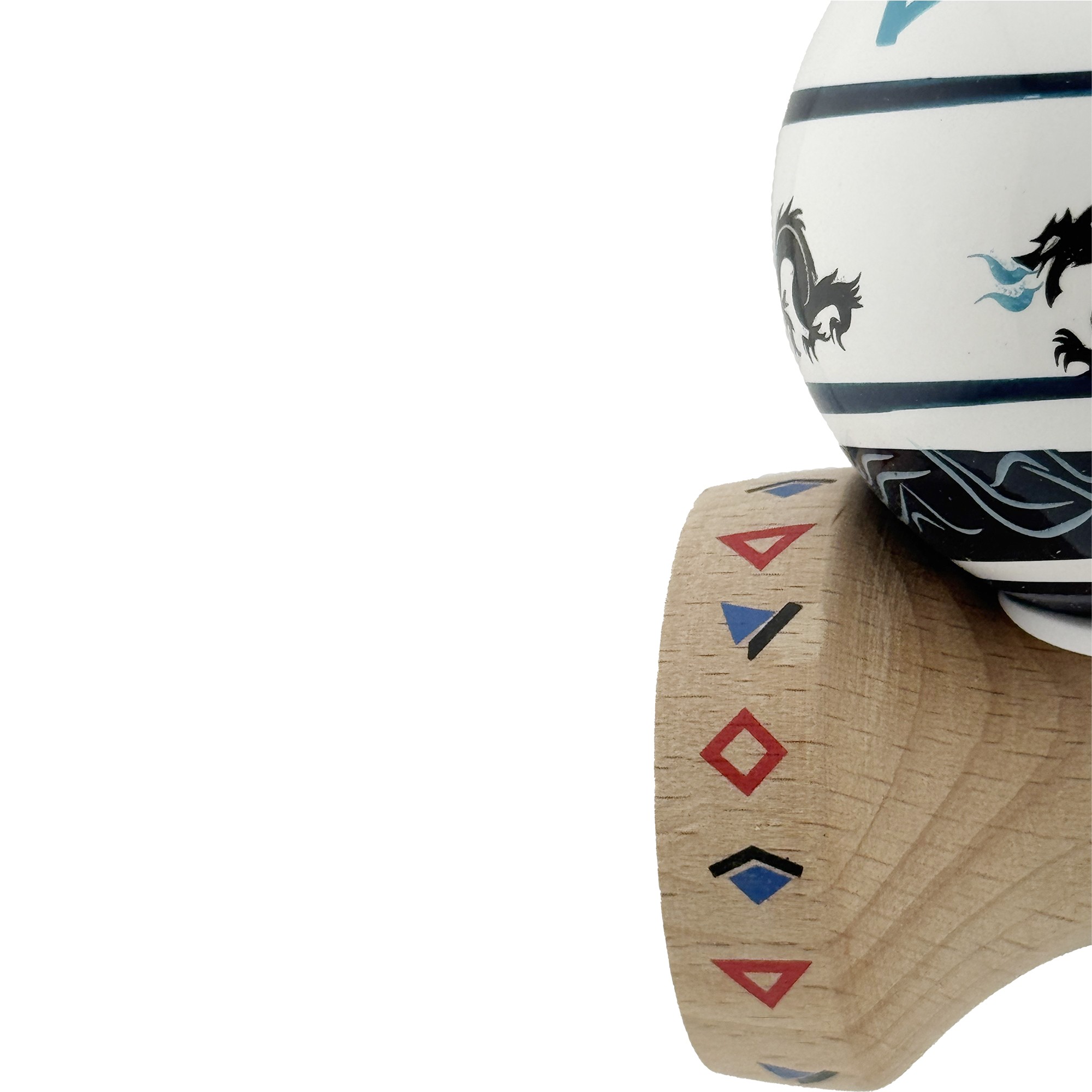 Kendama X Originala, Profesionala, Flippy, DRAGON Series, Super Sticky cu Cupe Mari King Size V3, Rulment Metalic si Gaura in Baza, din Lemn 18 cm, Ata 62/65 cm, Albastru/Negru