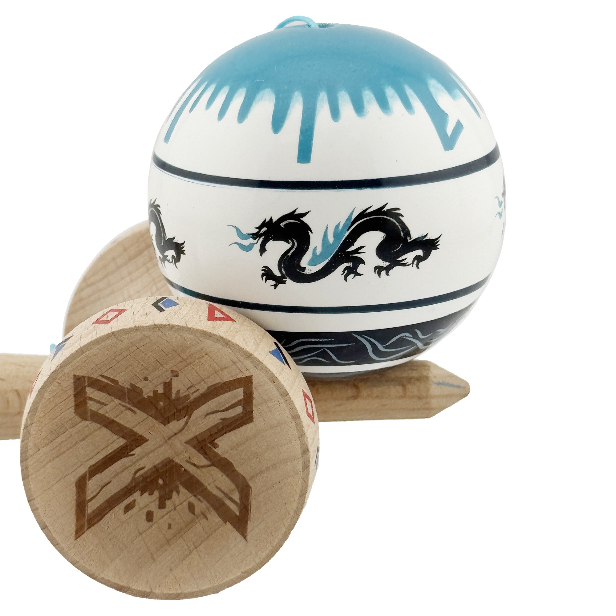 Kendama X Originala, Profesionala, Flippy, DRAGON Series, Super Sticky cu Cupe Mari King Size V3, Rulment Metalic si Gaura in Baza, din Lemn 18 cm, Ata 62/65 cm, Albastru/Negru