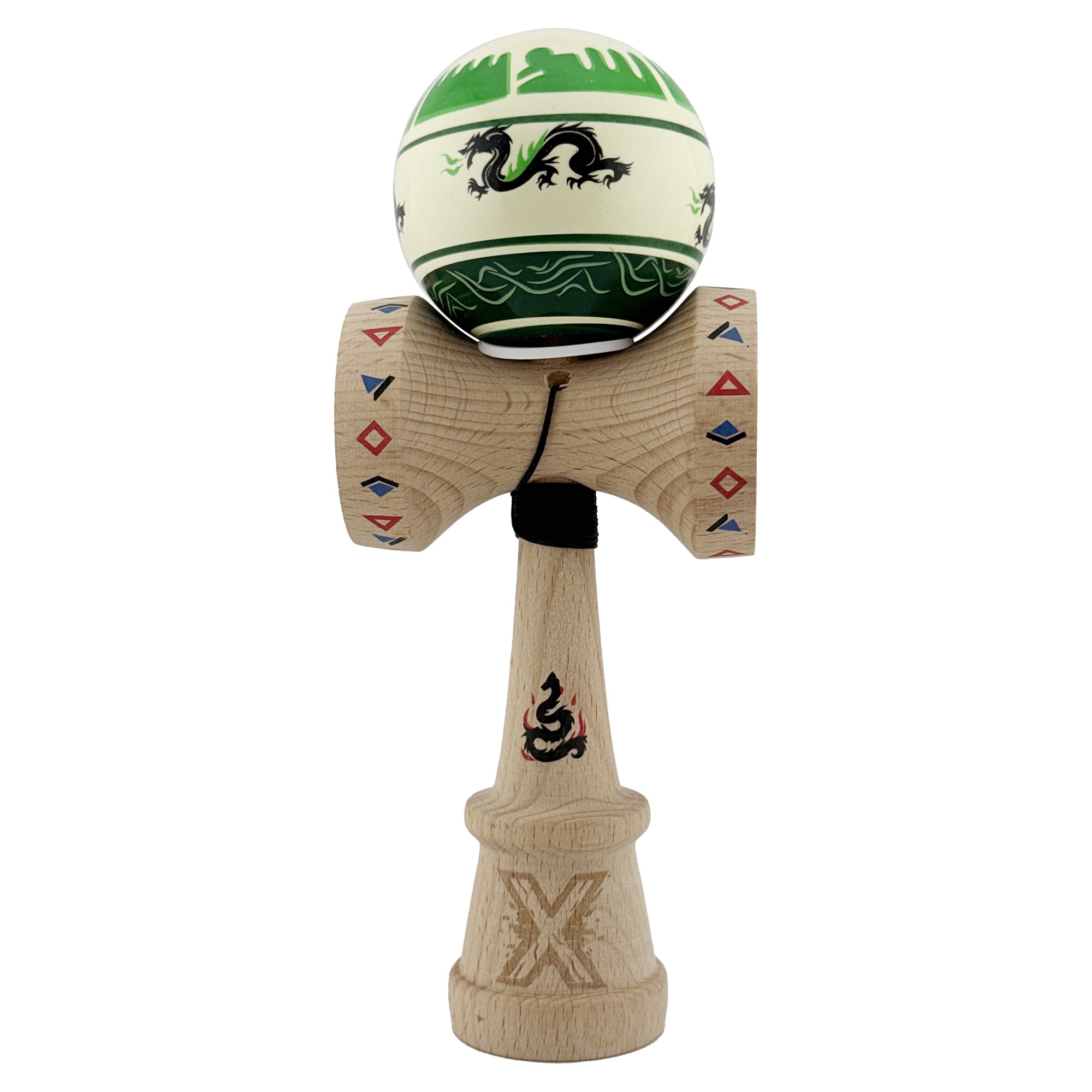 Kendama X Originala, Profesionala, Flippy, DRAGON Series, Super Sticky cu Cupe Mari King Size V3, Rulment Metalic si Gaura in Baza, din Lemn 18 cm, Ata 62/65 cm, Verde deschis/Negru