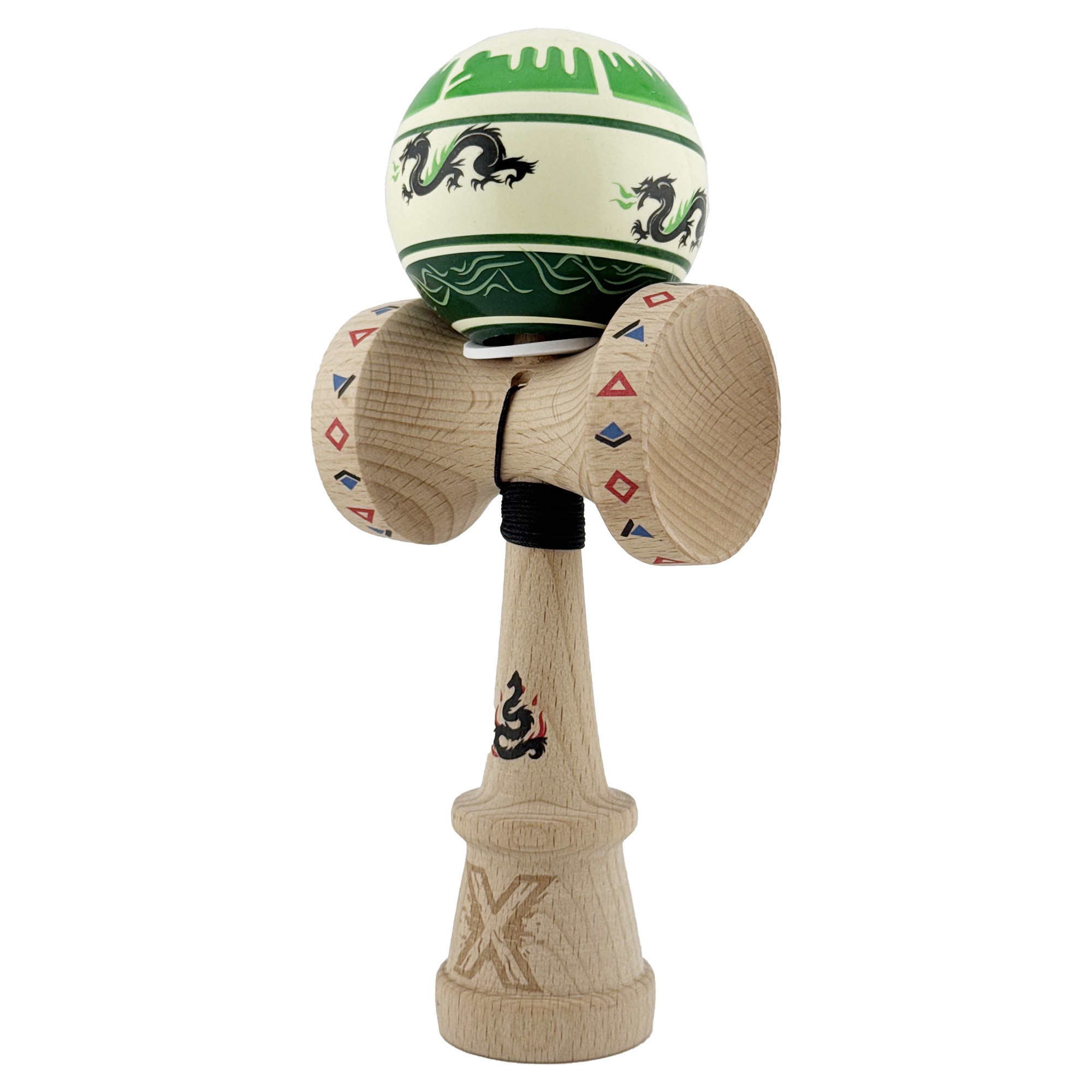 Kendama X Originala, Profesionala, Flippy, DRAGON Series, Super Sticky cu Cupe Mari King Size V3, Rulment Metalic si Gaura in Baza, din Lemn 18 cm, Ata 62/65 cm, Verde deschis/Negru
