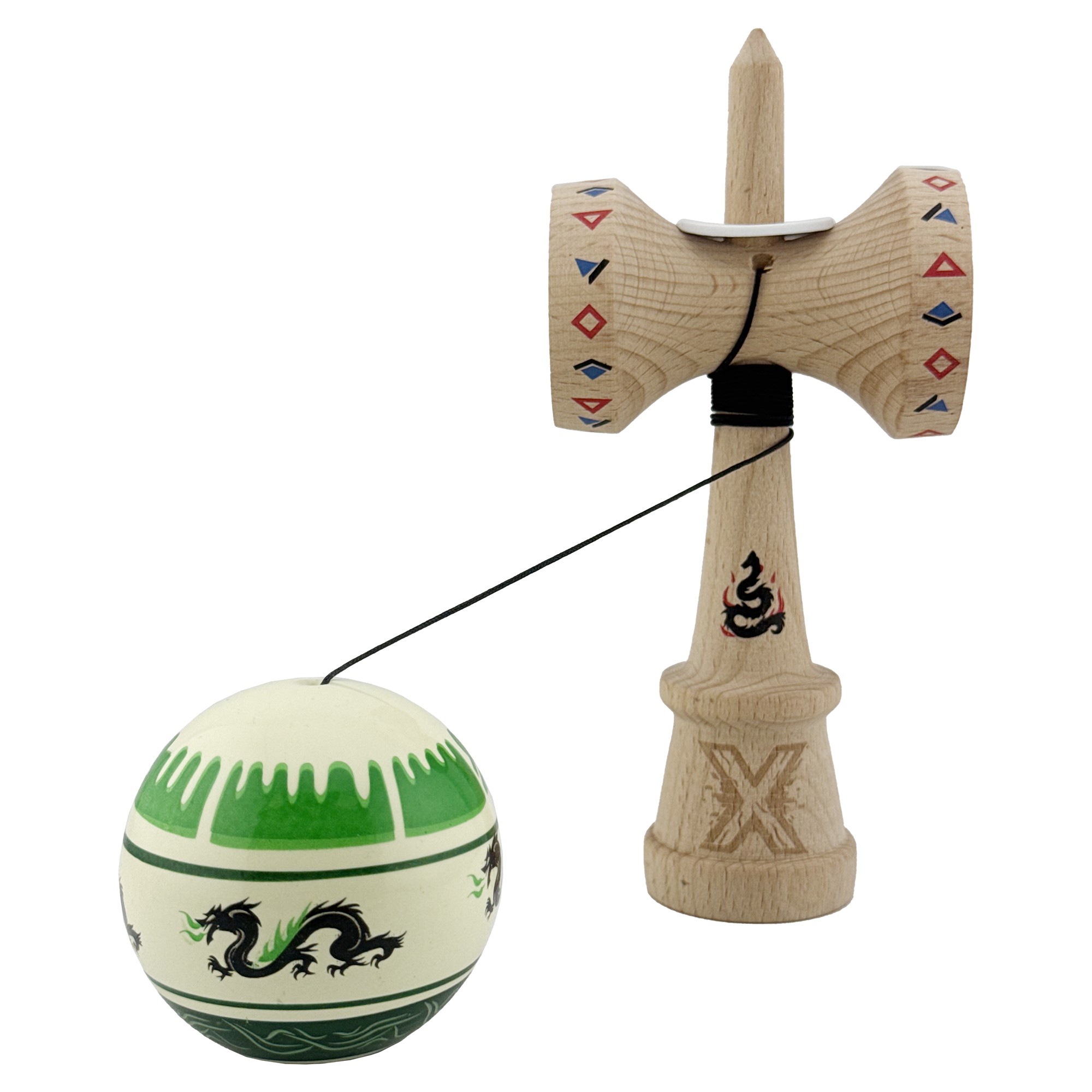 Kendama X Originala, Profesionala, Flippy, DRAGON Series, Super Sticky cu Cupe Mari King Size V3, Rulment Metalic si Gaura in Baza, din Lemn 18 cm, Ata 62/65 cm, Verde deschis/Negru