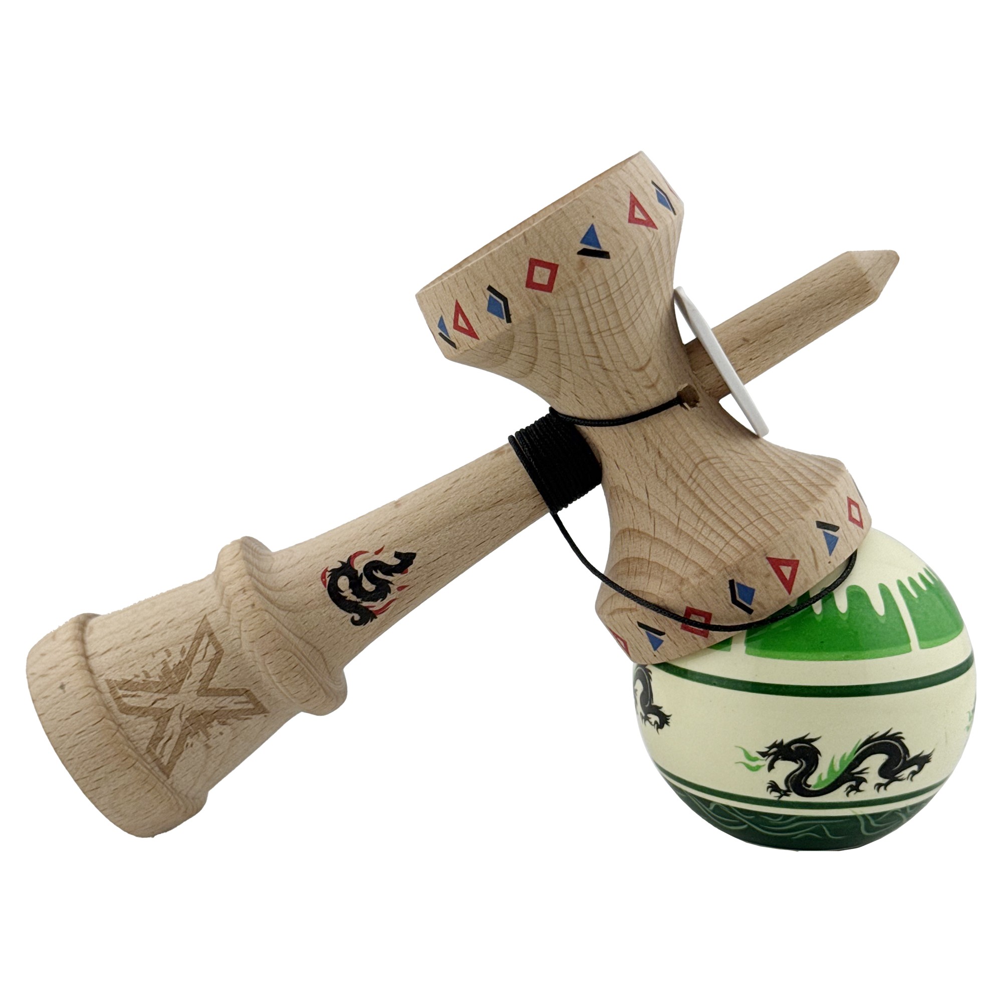 Kendama X Originala, Profesionala, Flippy, DRAGON Series, Super Sticky cu Cupe Mari King Size V3, Rulment Metalic si Gaura in Baza, din Lemn 18 cm, Ata 62/65 cm, Verde deschis/Negru