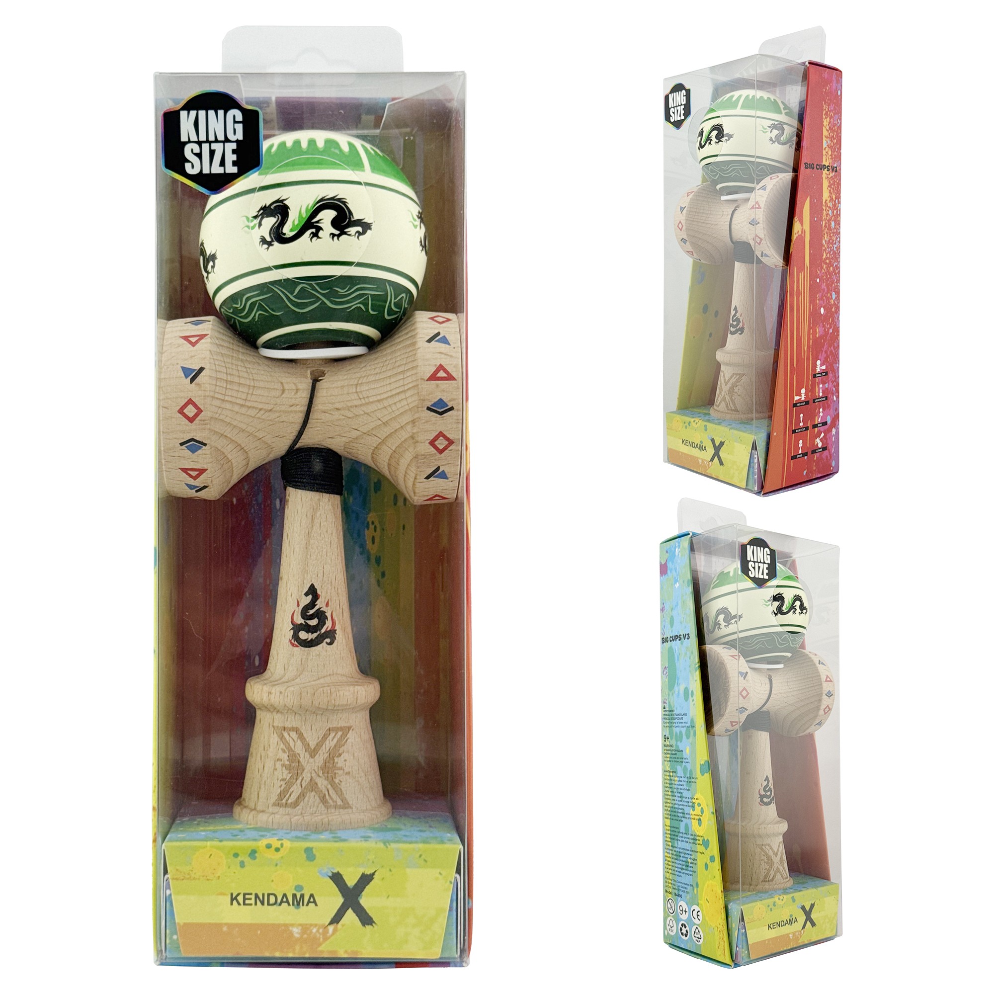 Kendama X Originala, Profesionala, Flippy, DRAGON Series, Super Sticky cu Cupe Mari King Size V3, Rulment Metalic si Gaura in Baza, din Lemn 18 cm, Ata 62/65 cm, Verde deschis/Negru