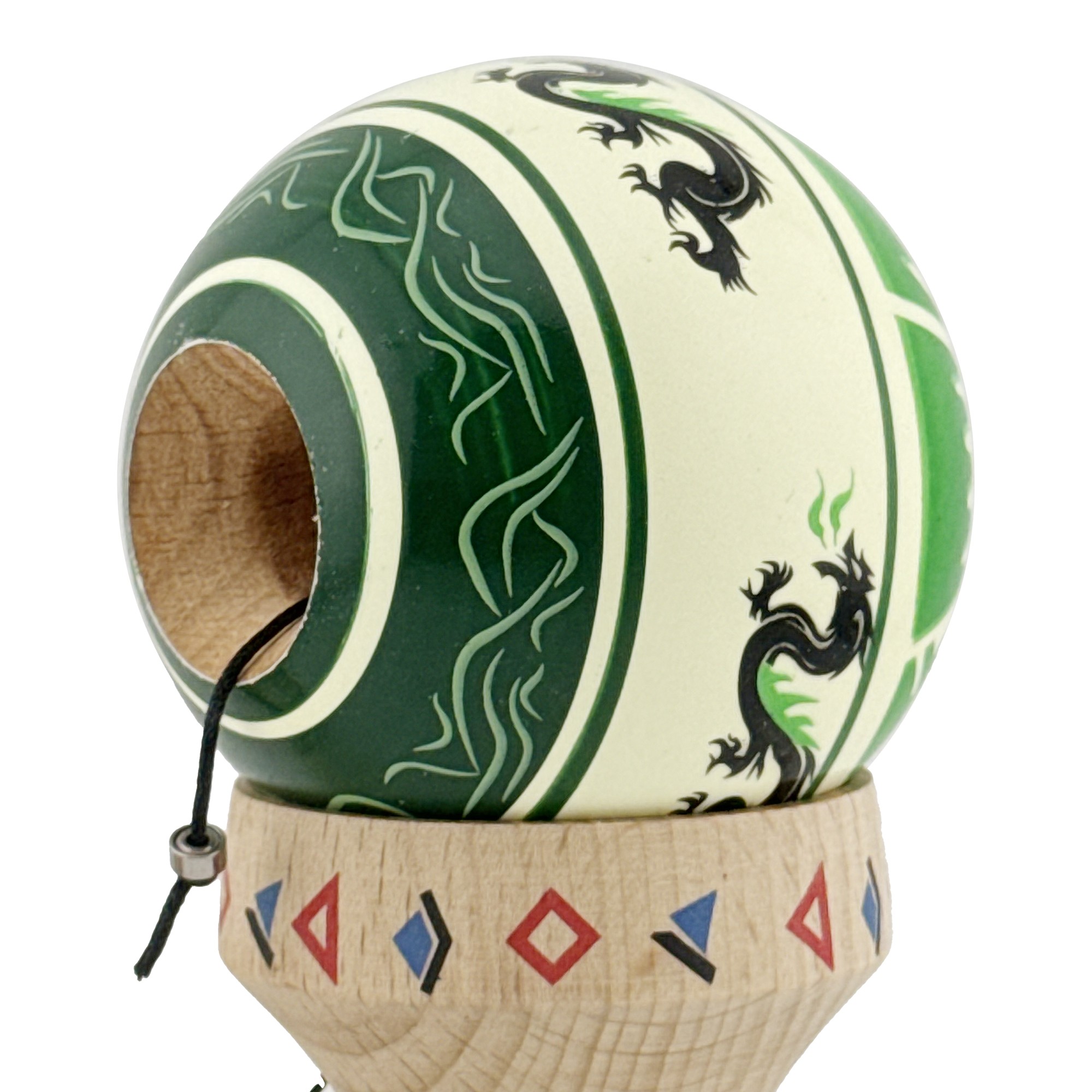 Kendama X Originala, Profesionala, Flippy, DRAGON Series, Super Sticky cu Cupe Mari King Size V3, Rulment Metalic si Gaura in Baza, din Lemn 18 cm, Ata 62/65 cm, Verde deschis/Negru