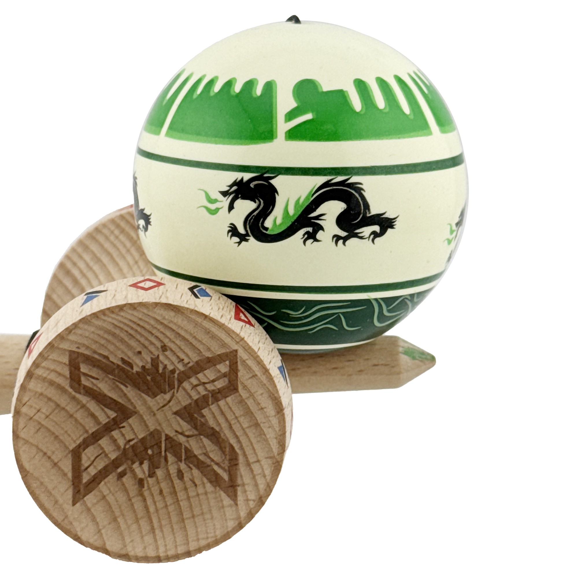 Kendama X Originala, Profesionala, Flippy, DRAGON Series, Super Sticky cu Cupe Mari King Size V3, Rulment Metalic si Gaura in Baza, din Lemn 18 cm, Ata 62/65 cm, Verde deschis/Negru