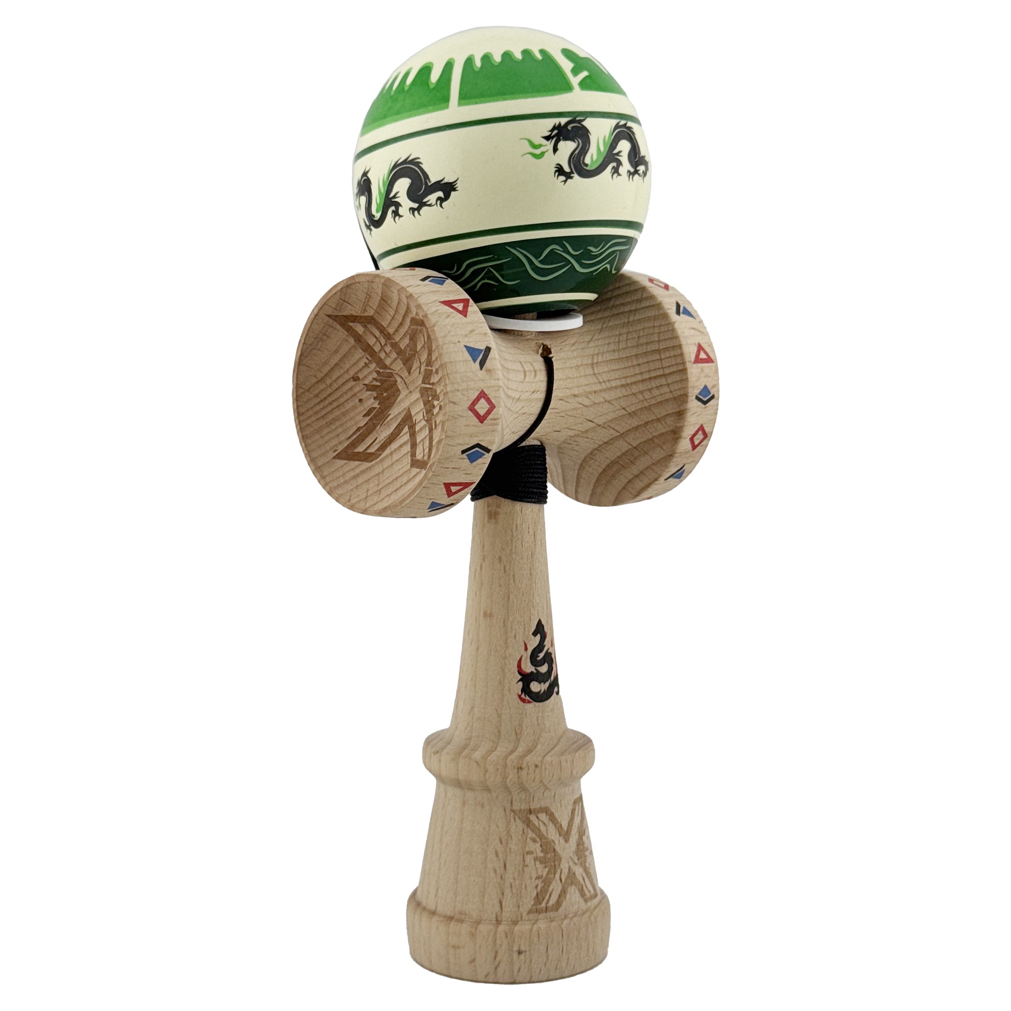 Kendama X Originala, Profesionala, Flippy, DRAGON Series, Super Sticky cu Cupe Mari King Size V3, Rulment Metalic si Gaura in Baza, din Lemn 18 cm, Ata 62/65 cm, Verde deschis/Negru