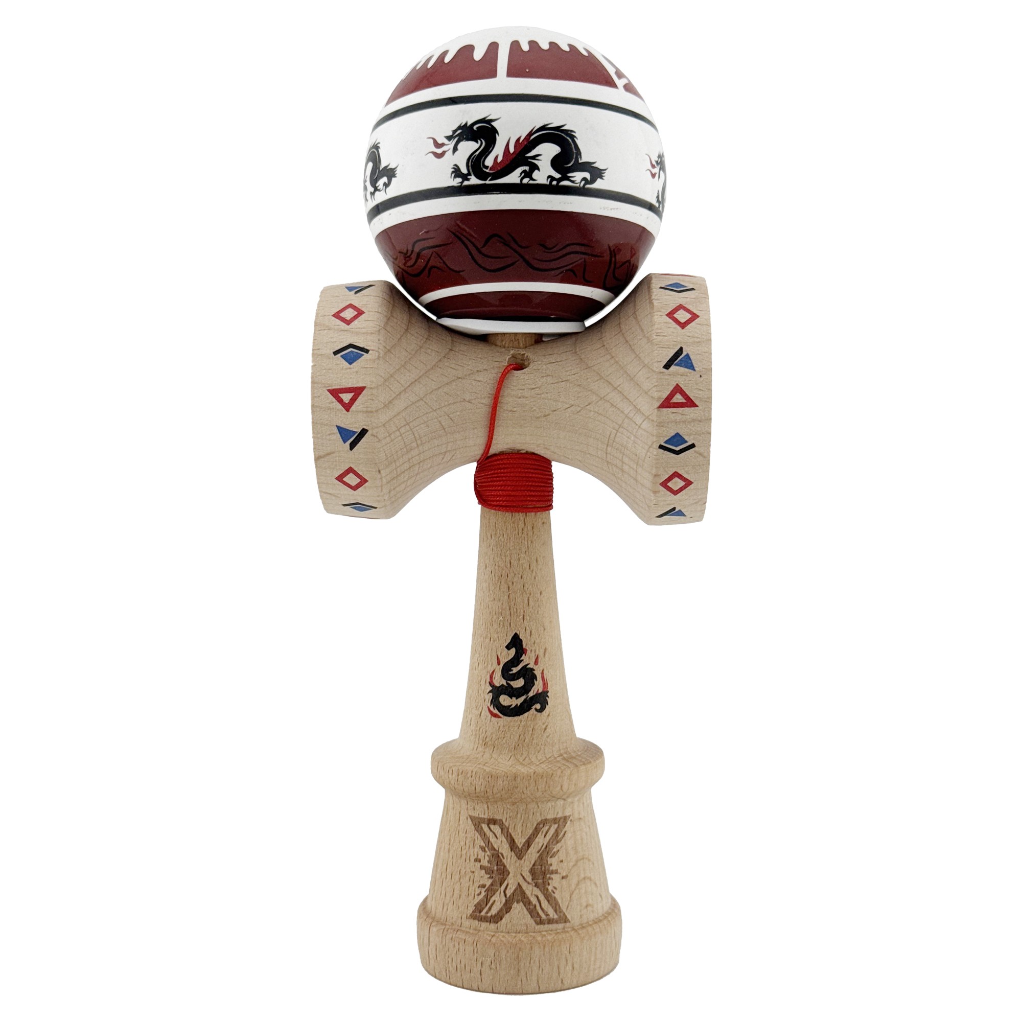 Kendama X Originala, Profesionala, Flippy, DRAGON Series, Super Sticky cu Cupe Mari King Size V3, Rulment Metalic si Gaura in Baza, din Lemn 18 cm, Ata 62/65 cm, Alb/Rosu inchis