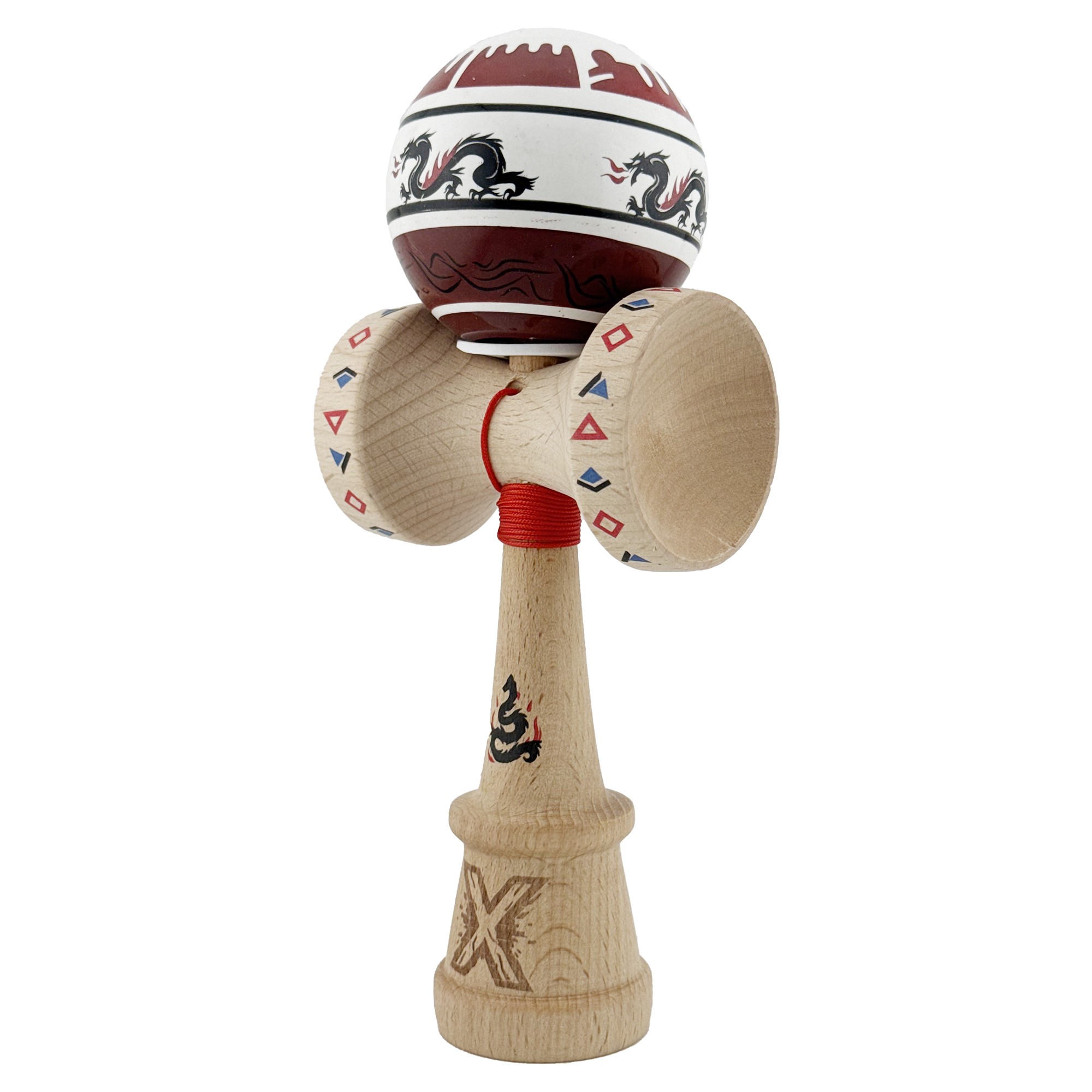 Kendama X Originala, Profesionala, Flippy, DRAGON Series, Super Sticky cu Cupe Mari King Size V3, Rulment Metalic si Gaura in Baza, din Lemn 18 cm, Ata 62/65 cm, Alb/Rosu inchis