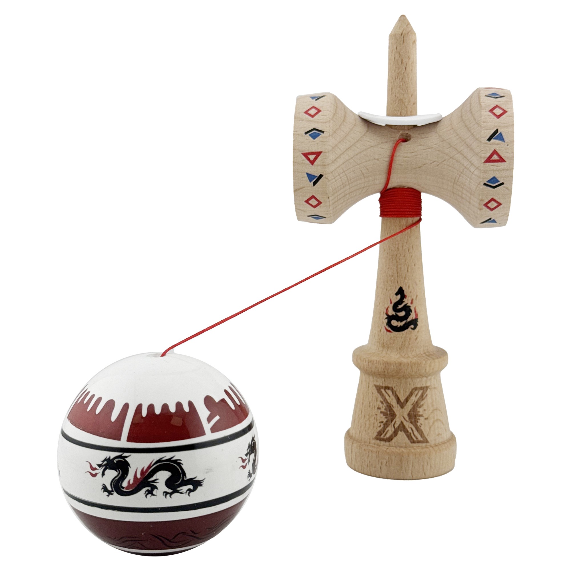 Kendama X Originala, Profesionala, Flippy, DRAGON Series, Super Sticky cu Cupe Mari King Size V3, Rulment Metalic si Gaura in Baza, din Lemn 18 cm, Ata 62/65 cm, Alb/Rosu inchis