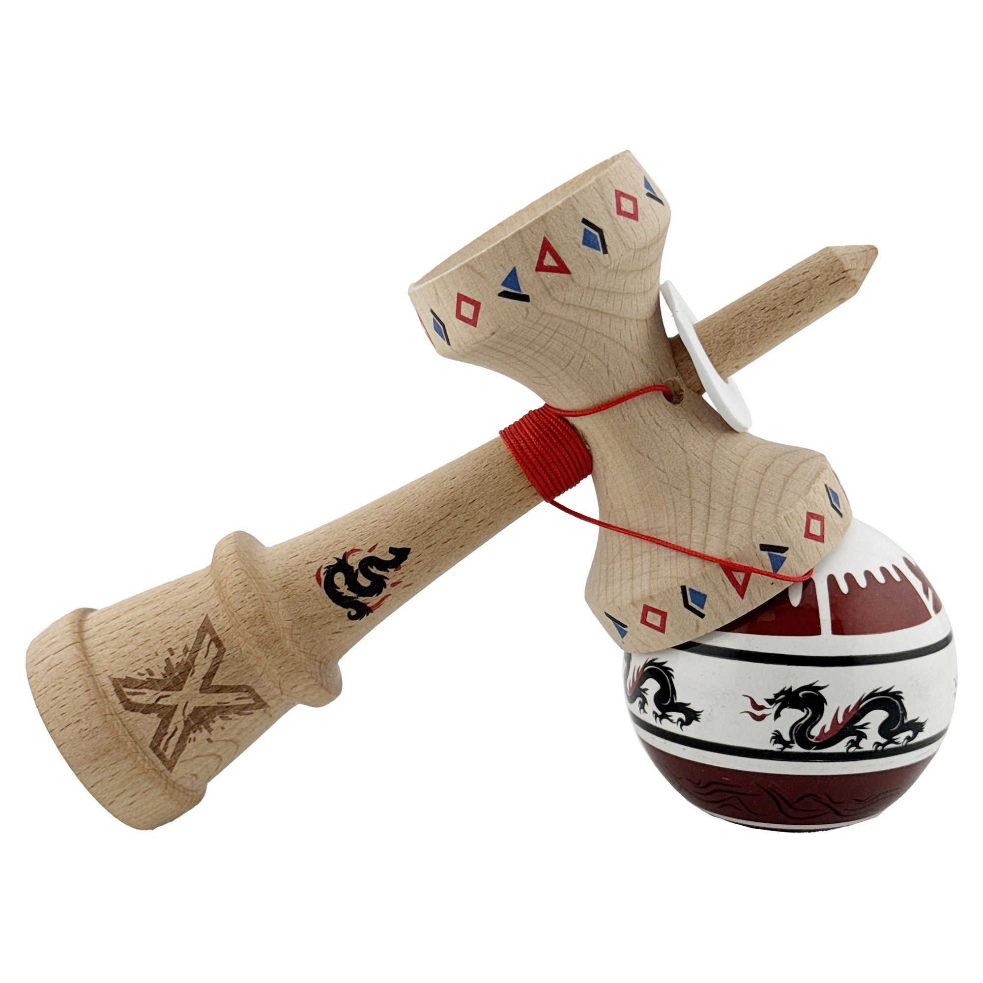 Kendama X Originala, Profesionala, Flippy, DRAGON Series, Super Sticky cu Cupe Mari King Size V3, Rulment Metalic si Gaura in Baza, din Lemn 18 cm, Ata 62/65 cm, Alb/Rosu inchis